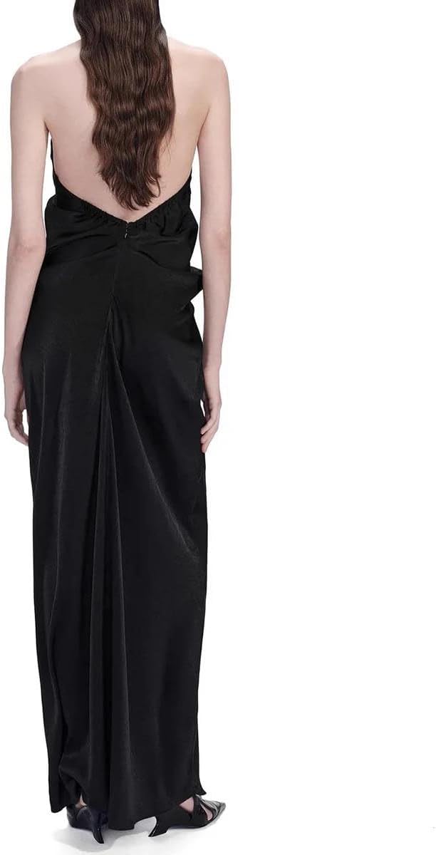 Women's Halter Maxi Dress Sheer Mesh Neck Ruched Nude Women's Halter Maxi Dress Sheer Mesh Neck Ruched Nude