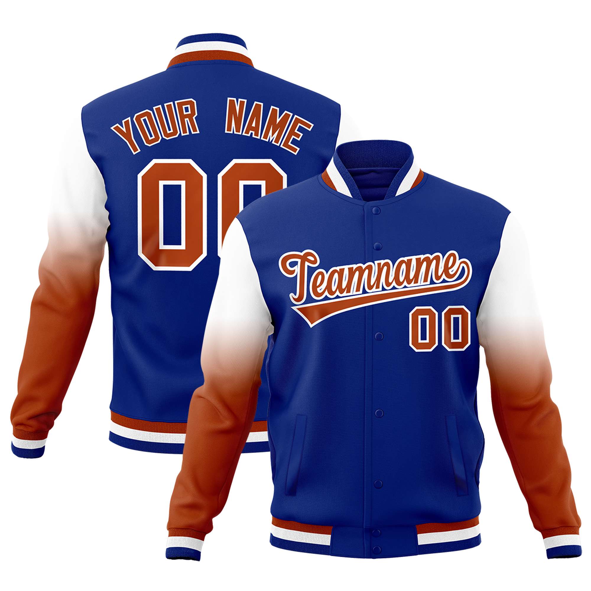 Custom Royal Blue Dark Orange White Full-Snap Varsity Raglan Sleeves Gradient Letterman Jacket