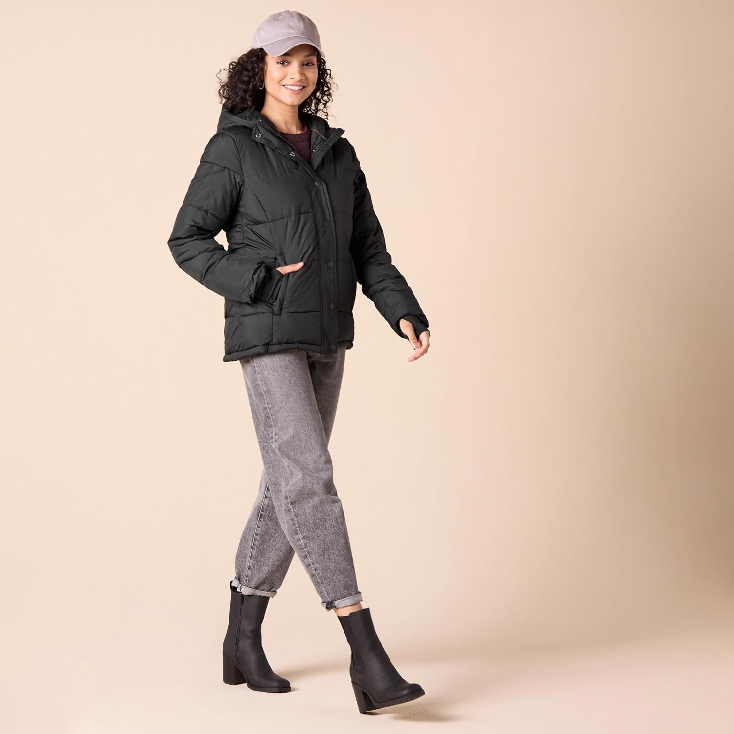 Women's Heavyweight Quilted Hooded Puffer Coat Snap Front Black