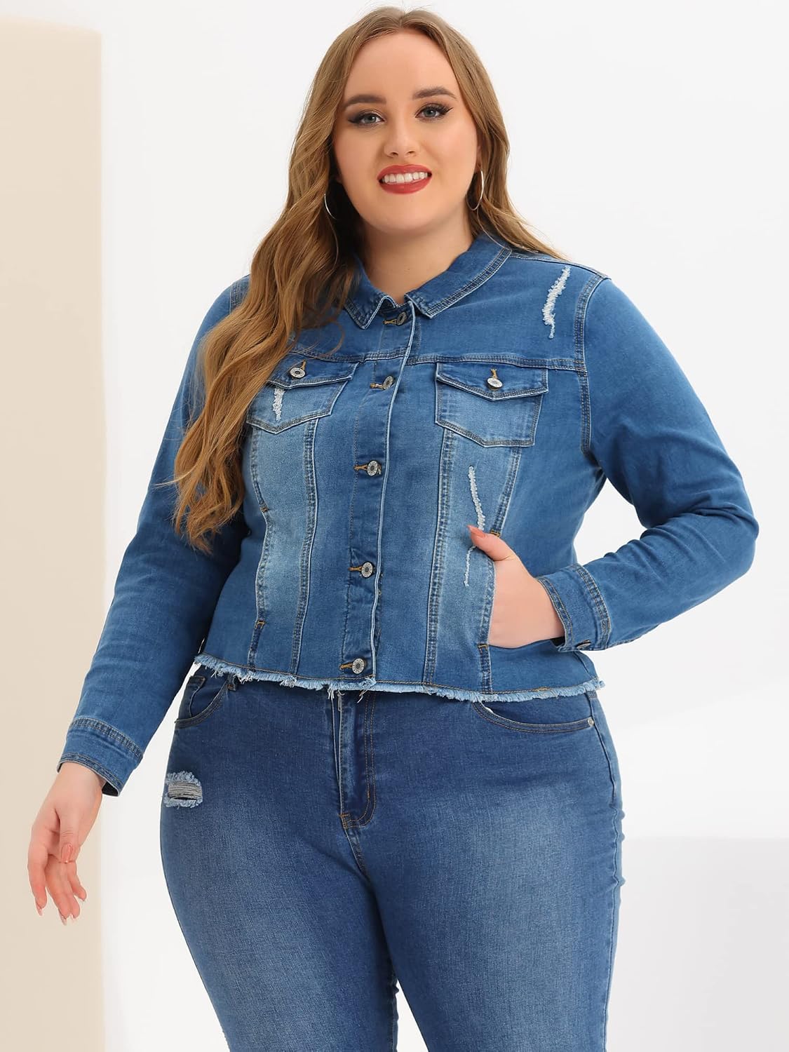 Women's Plus Size Distressed Denim Jacket Raw Hem Women's Plus Size Distressed Denim Jacket Raw Hem
