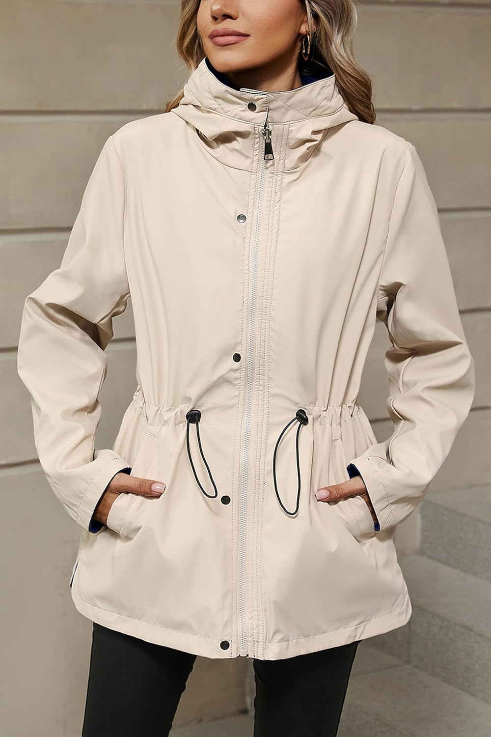 Women's Lightweight Hooded Rain Jacket Waterproof Navy Blue