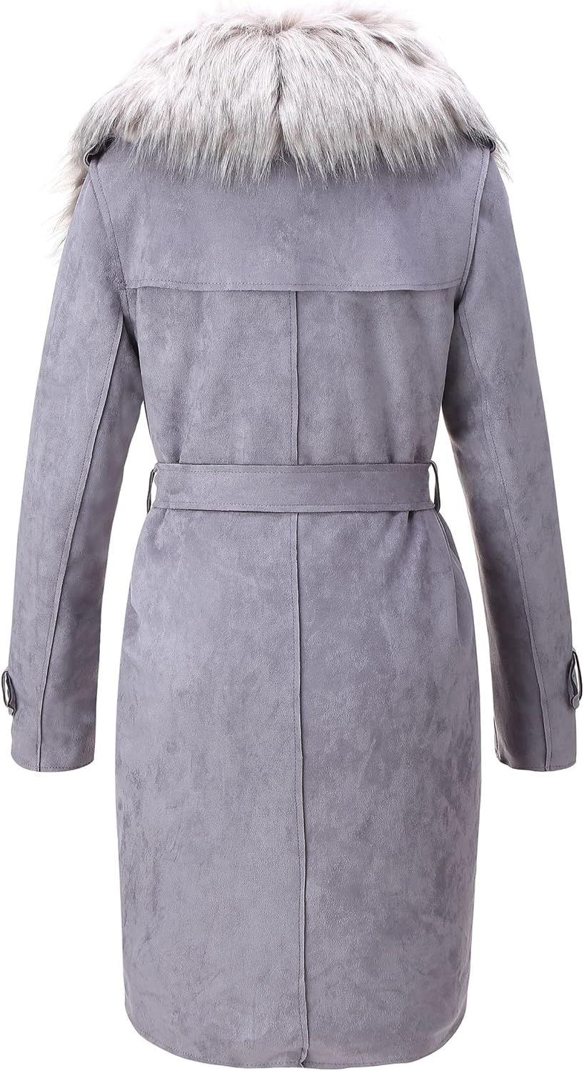 Women Faux Leather Trench Coat Fleece-Lined Mid-length Jacket with Detachable Fur Collar Women Faux Leather Trench Coat Fleece-Lined Mid-length Jacket with Detachable Fur Collar