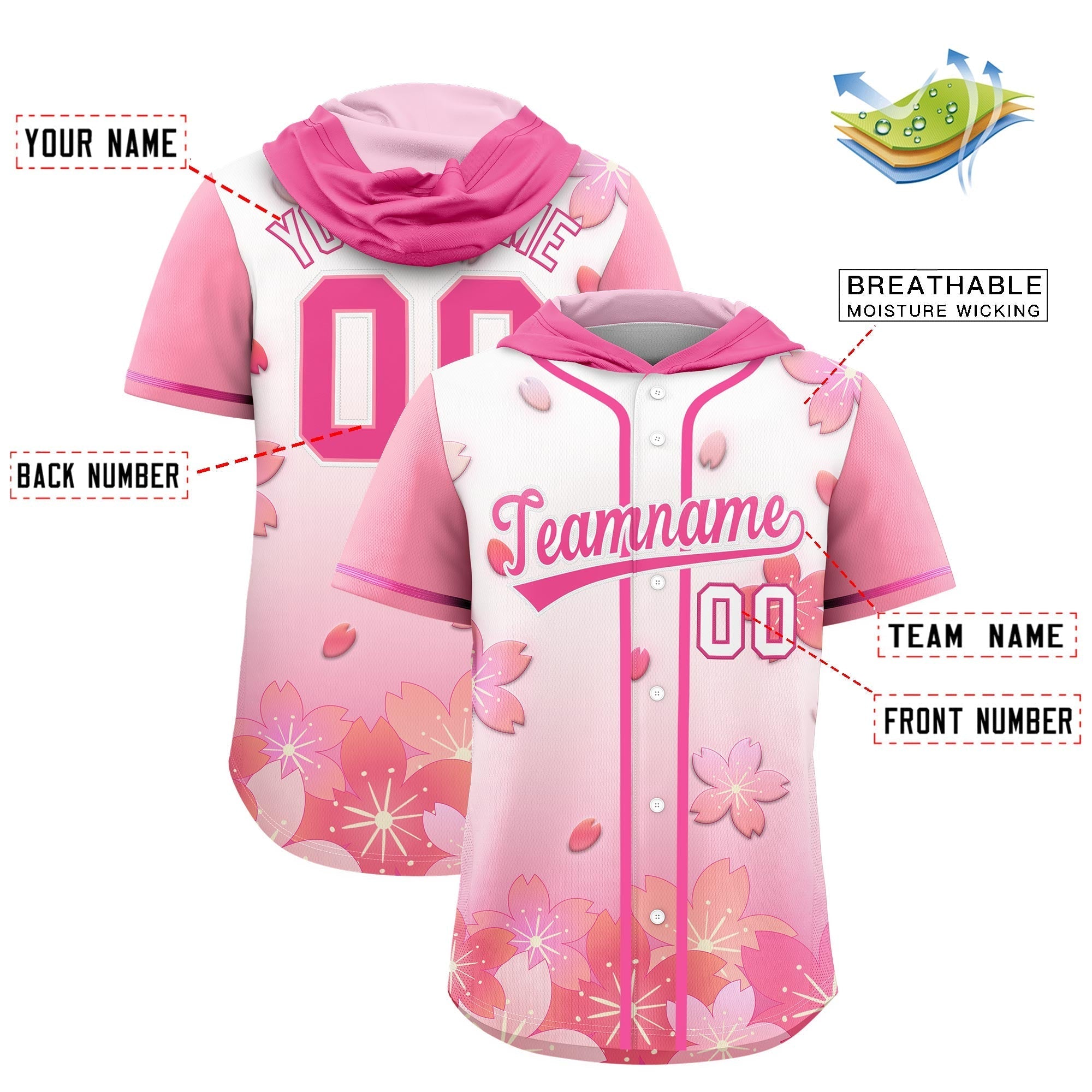 Benutzerdefiniertes Kirschblüten-Raglanärmel-atmungsaktives Baseball-Kapuzentrikot Benutzerdefiniertes Kirschblüten-Raglanärmel-atmungsaktives Baseball-Kapuzentrikot