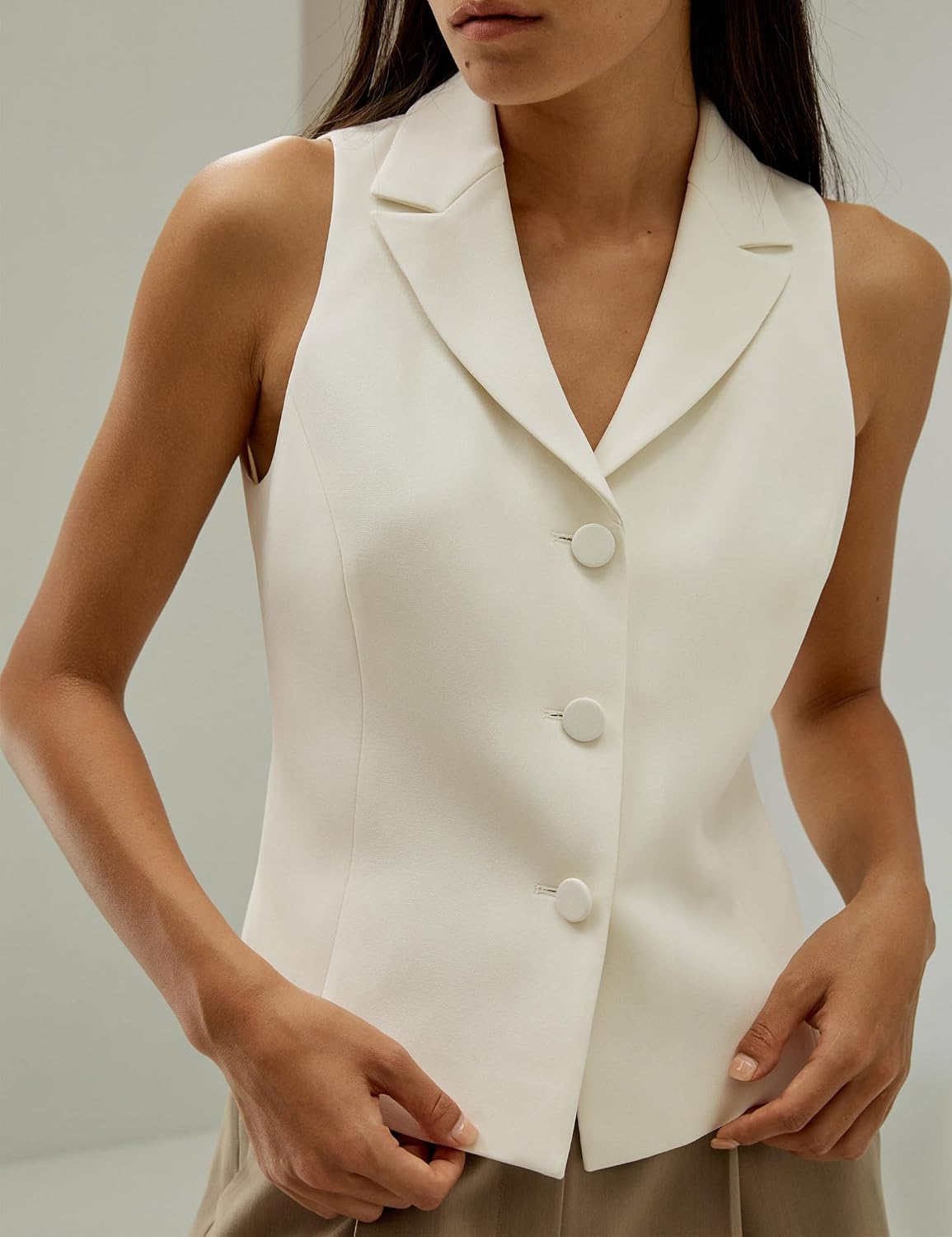 Women's Lapel Collar Silk Blazer Vest Button Front Ivory