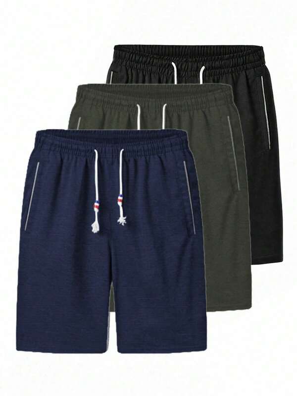 Dreiteiliges einfarbiges Shorts-Set für Herren, lockere, lässige Sport-Bermudashorts, leichter Stoff, geeignet für Fitness und Freizeit