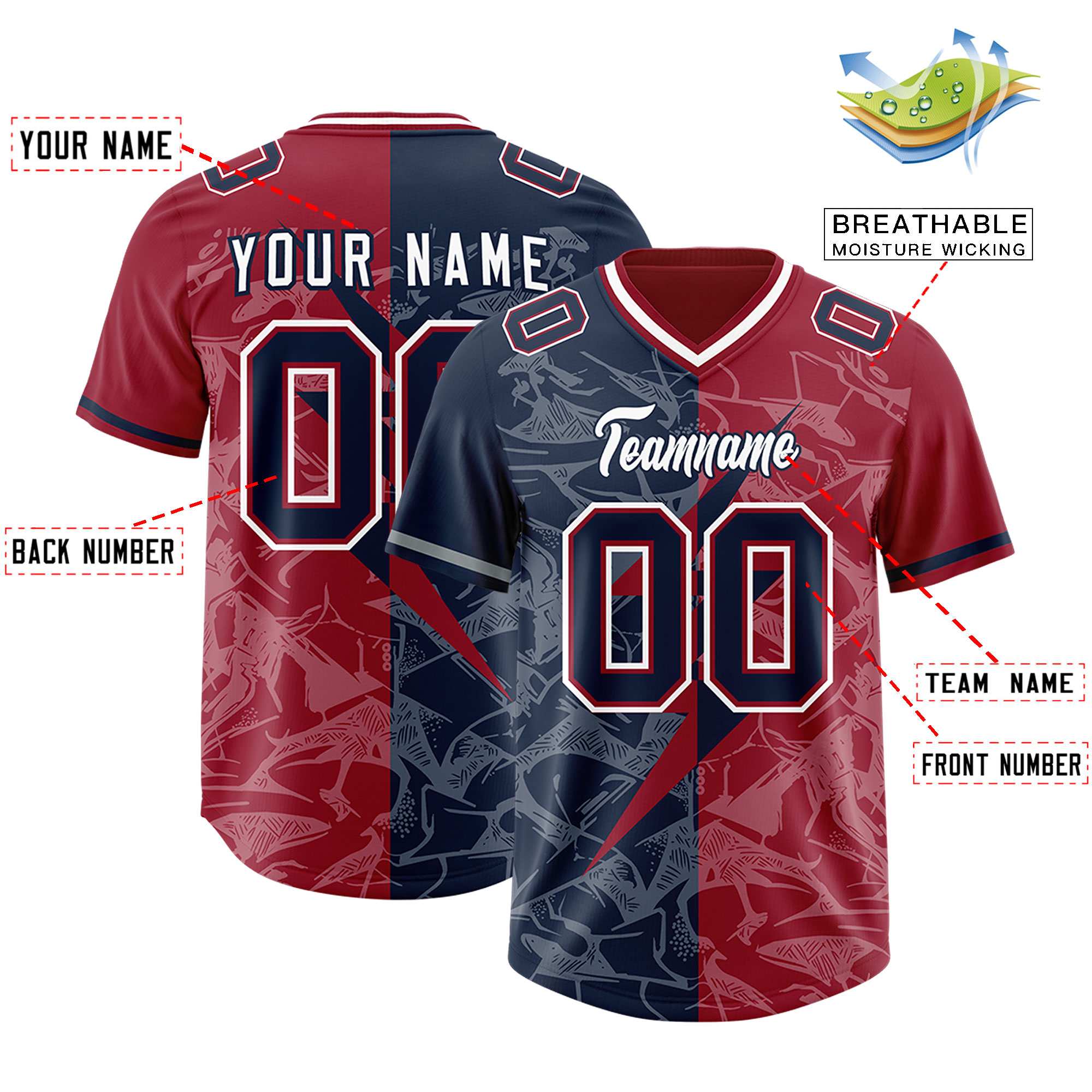 Benutzerdefiniertes Navy Cardinal Split-Fußballtrikot mit personalisiertem Blitzmuster