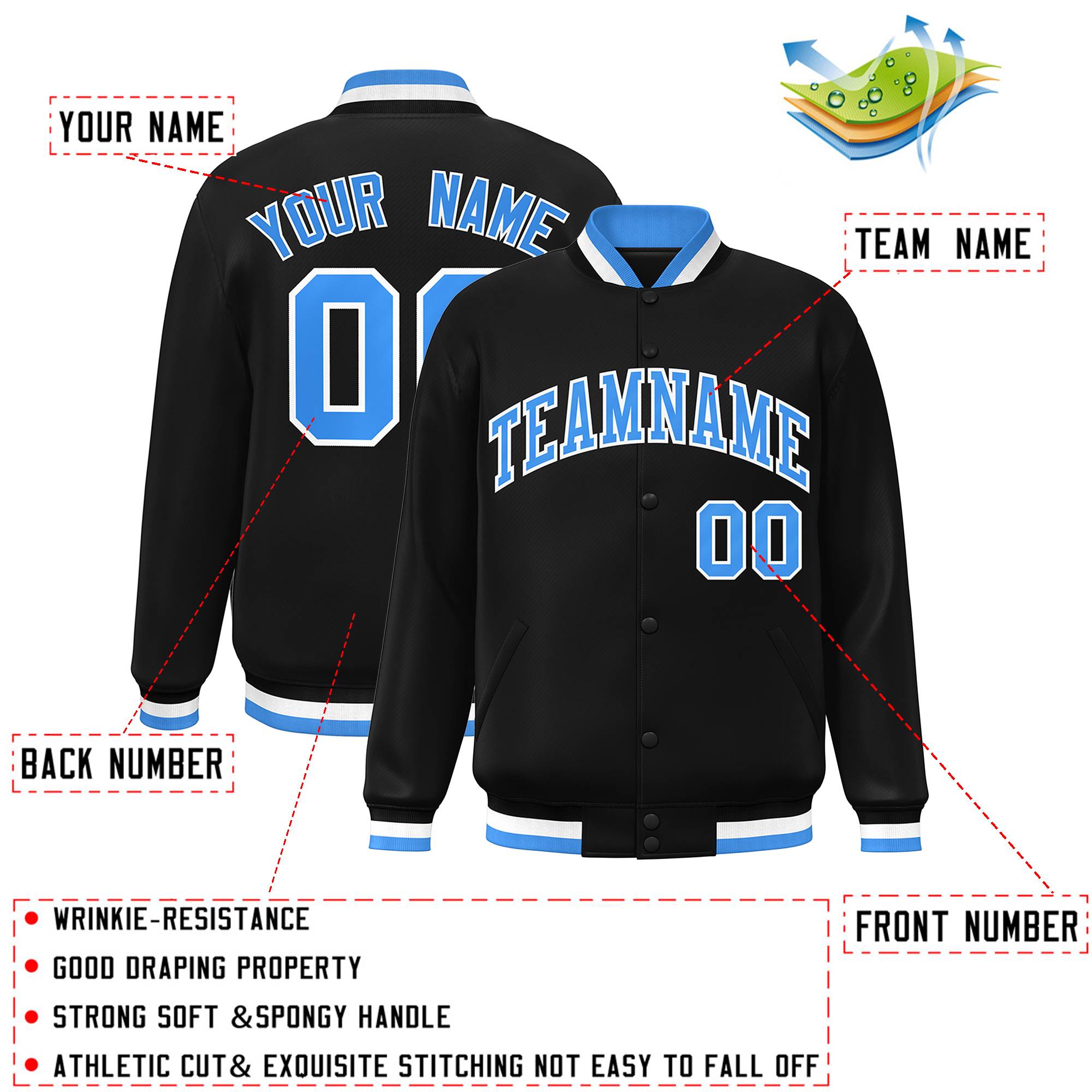 Custom Powder Blue-White Classic Style Varsity Full-Snap Letterman Jacket