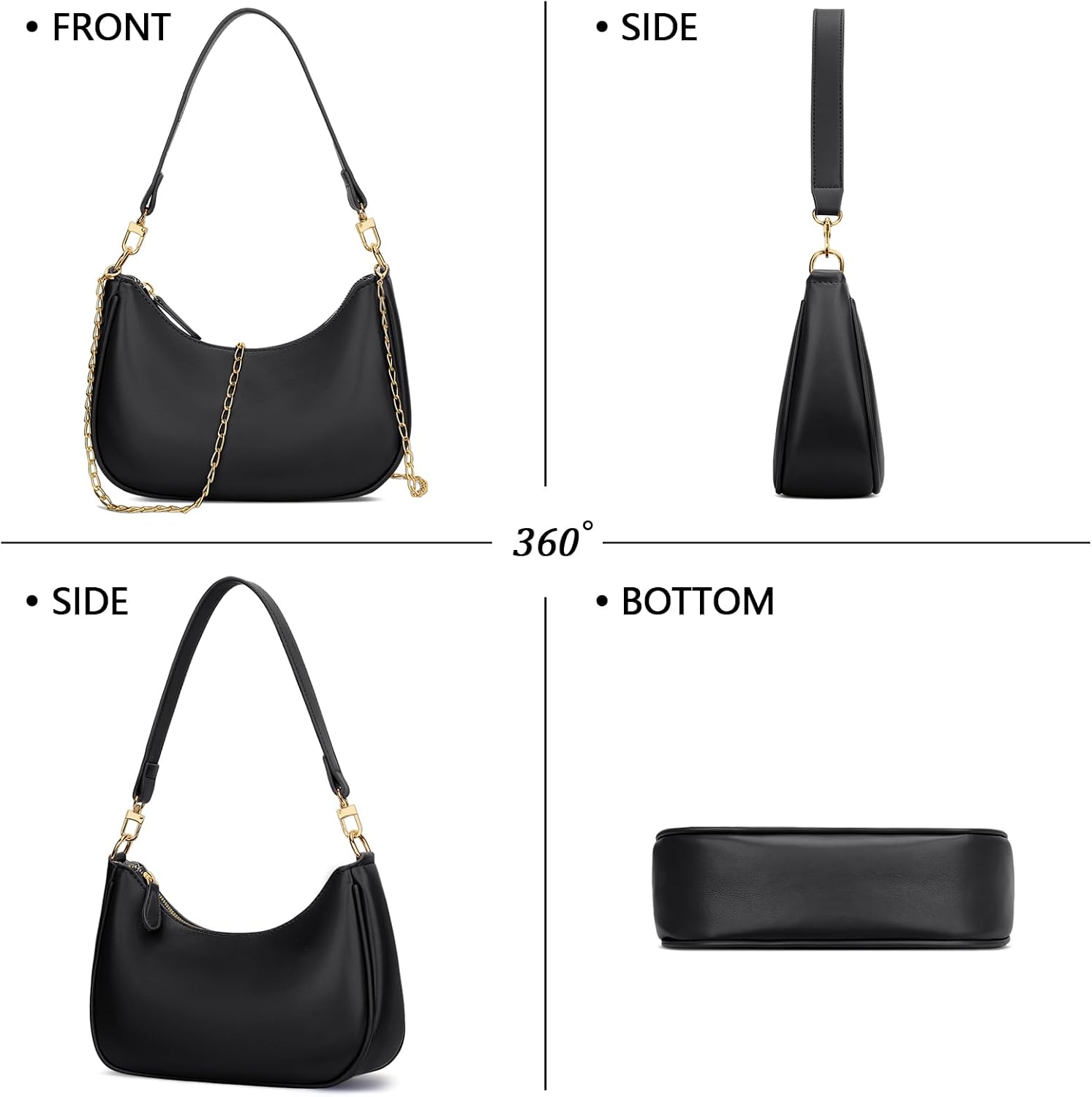 Women's Black PU Shoulder Bag Detachable Chain Strap