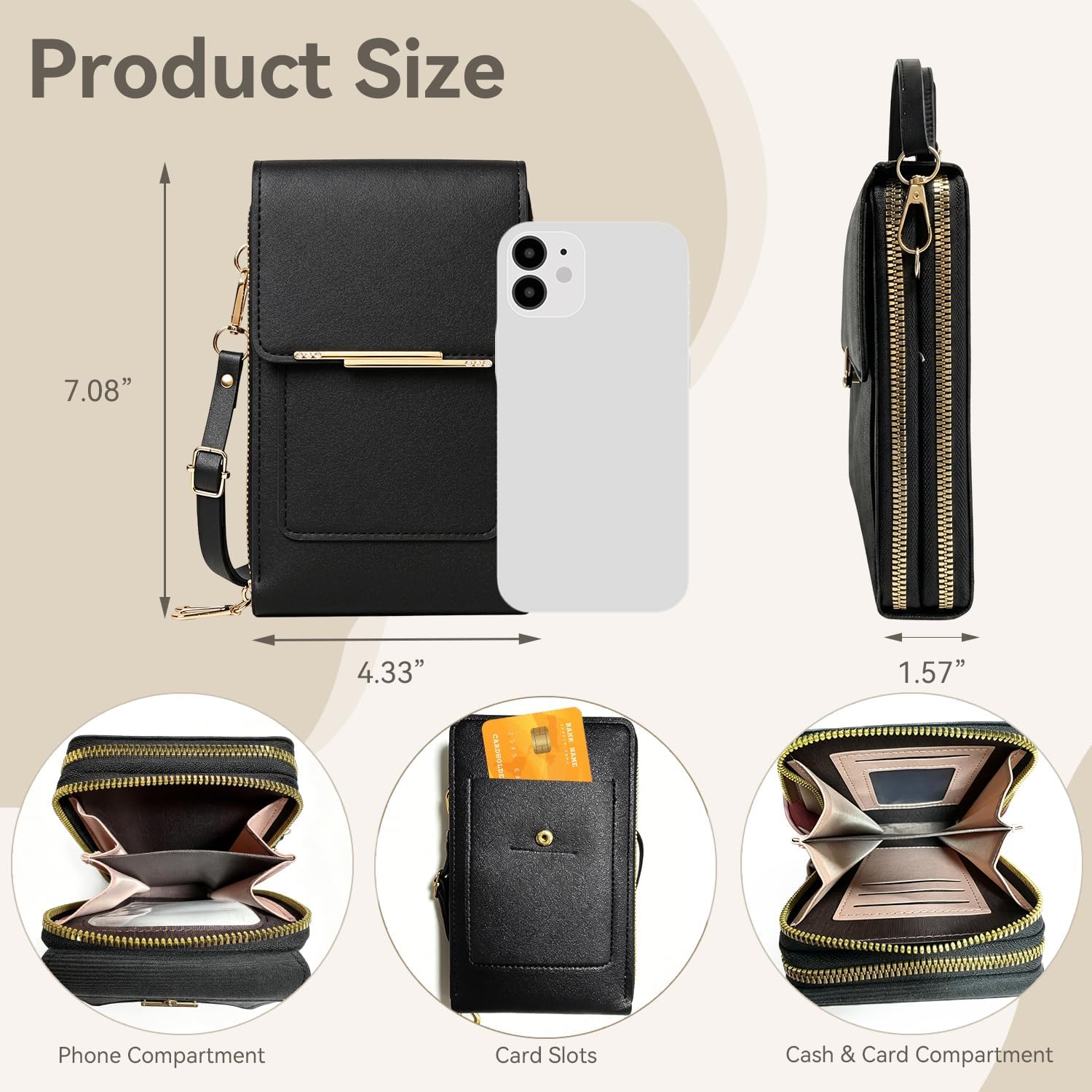 Women's PU Leather Phone Crossbody Bag Touchscreen Purse Black