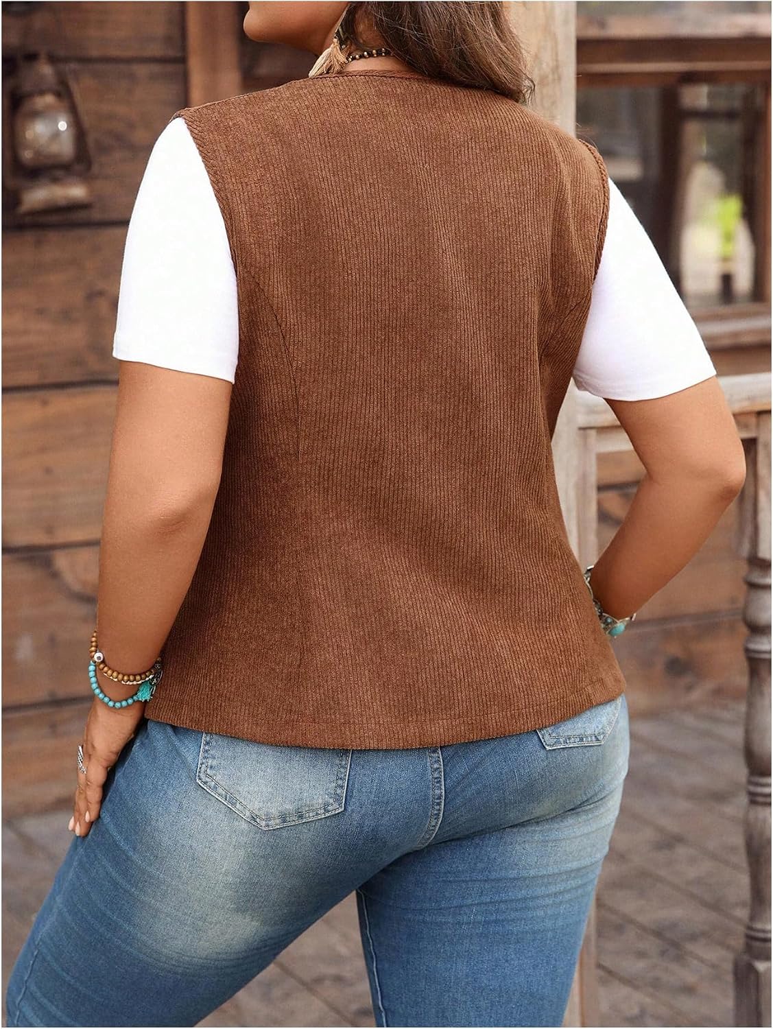 Women's Western Corduroy Vest Button Front Brown Waistcoat