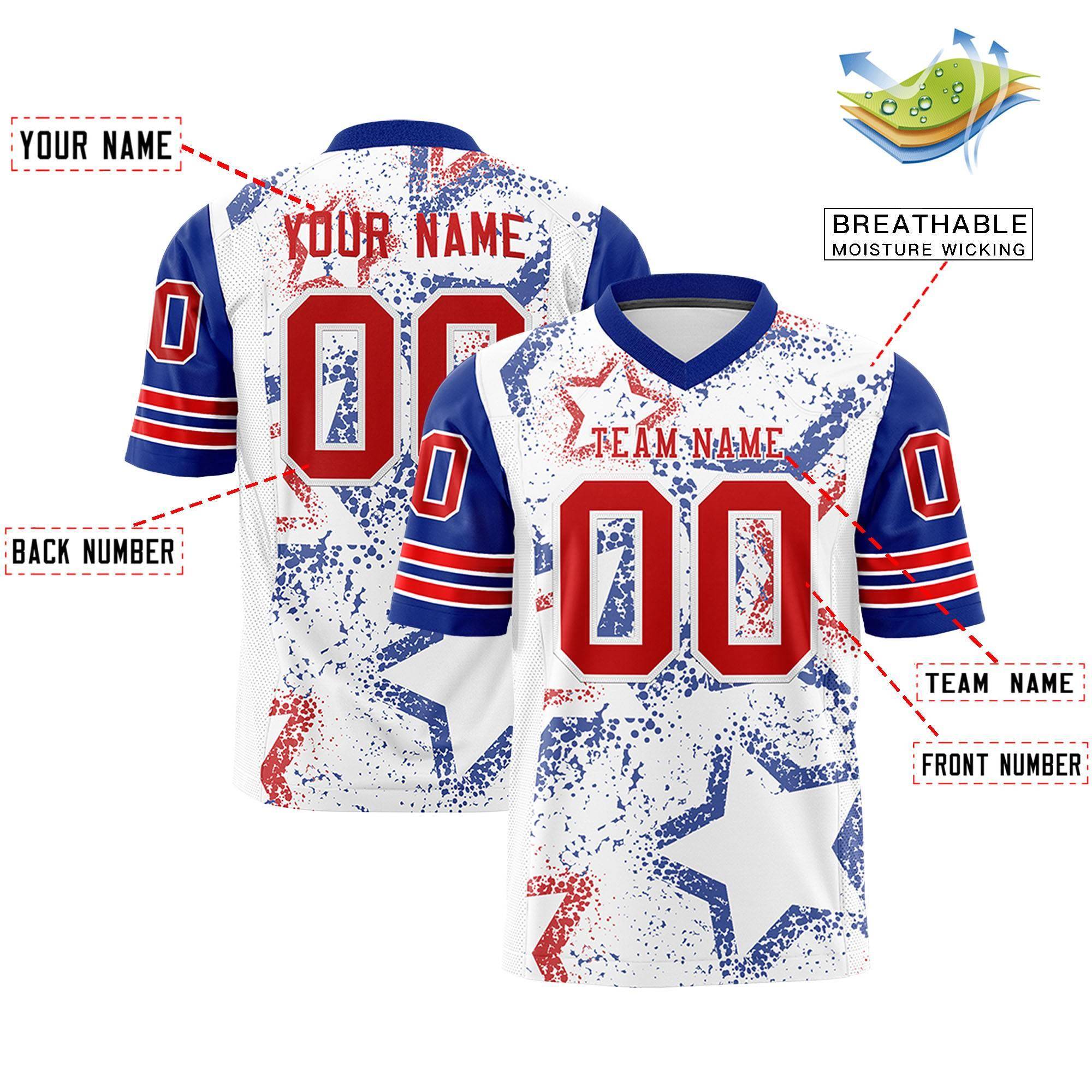Individuell personalisiertes, authentisches Fußballtrikot mit Sternmuster-Design Individuell personalisiertes, authentisches Fußballtrikot mit Sternmuster-Design
