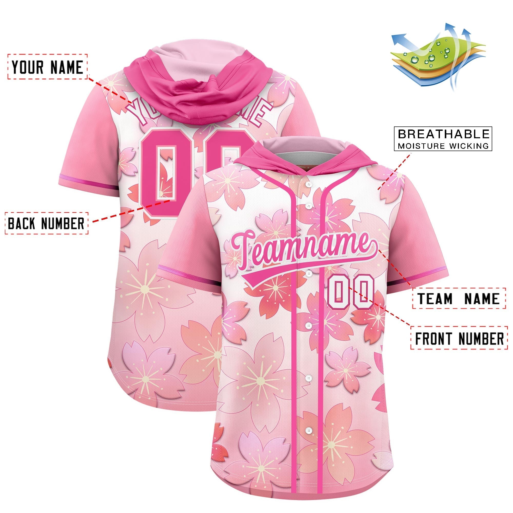 Benutzerdefiniertes Kirschblüten-Raglanärmel-atmungsaktives Baseball-Kapuzentrikot Benutzerdefiniertes Kirschblüten-Raglanärmel-atmungsaktives Baseball-Kapuzentrikot