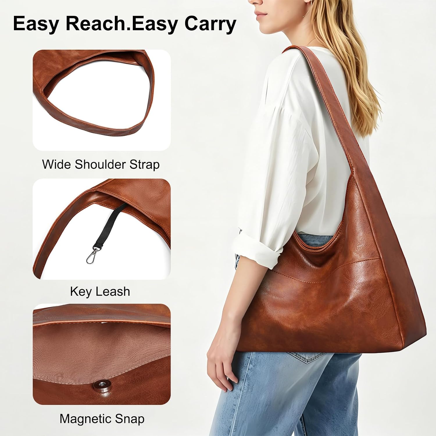 Women's Brown Vegan Leather Hobo Tote Bag Key Leash