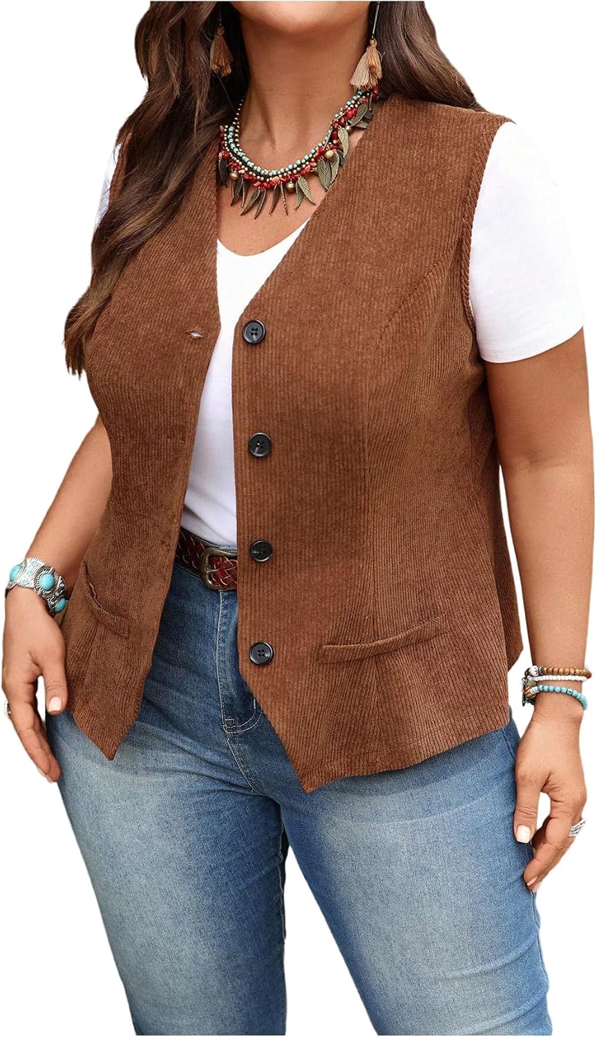 Women's Western Corduroy Vest Button Front Brown Waistcoat