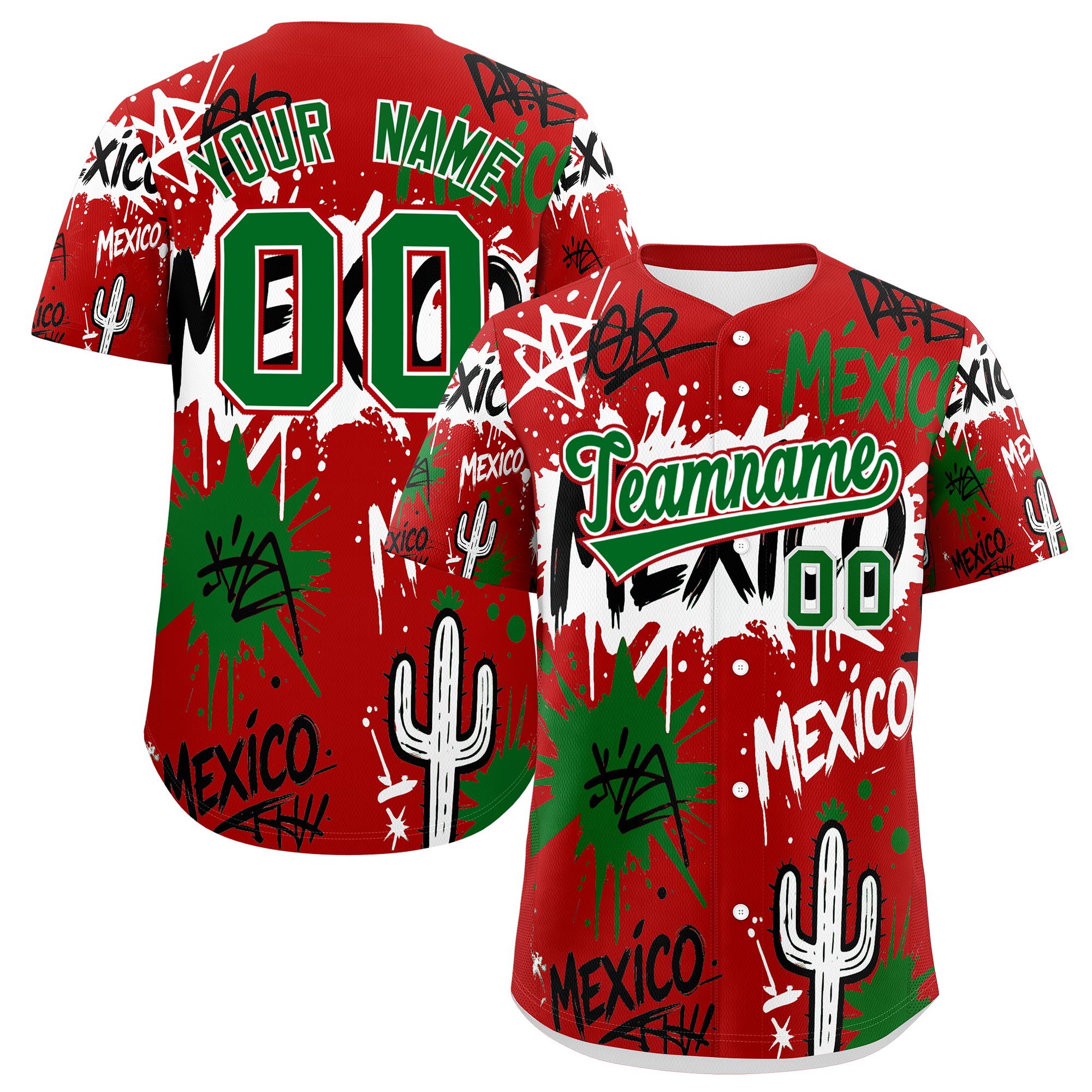 Benutzerdefiniertes Baseball-Trikot aus Stretchstoff mit Graffiti-Muster im mexikanischen Stil Benutzerdefiniertes Baseball-Trikot aus Stretchstoff mit Graffiti-Muster im mexikanischen Stil