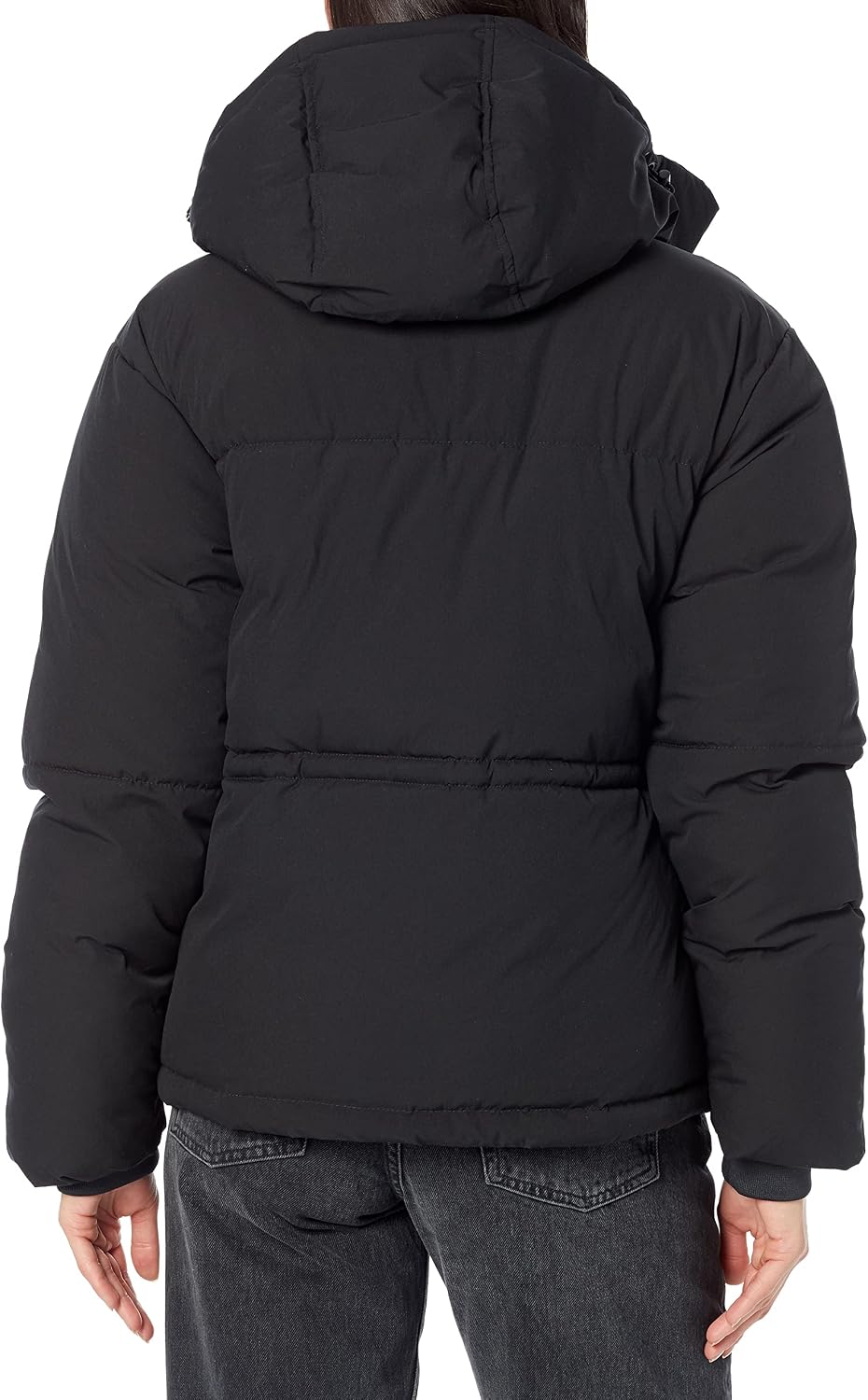Women's Short Hooded Puffer Jacket Adjustable Waist Black