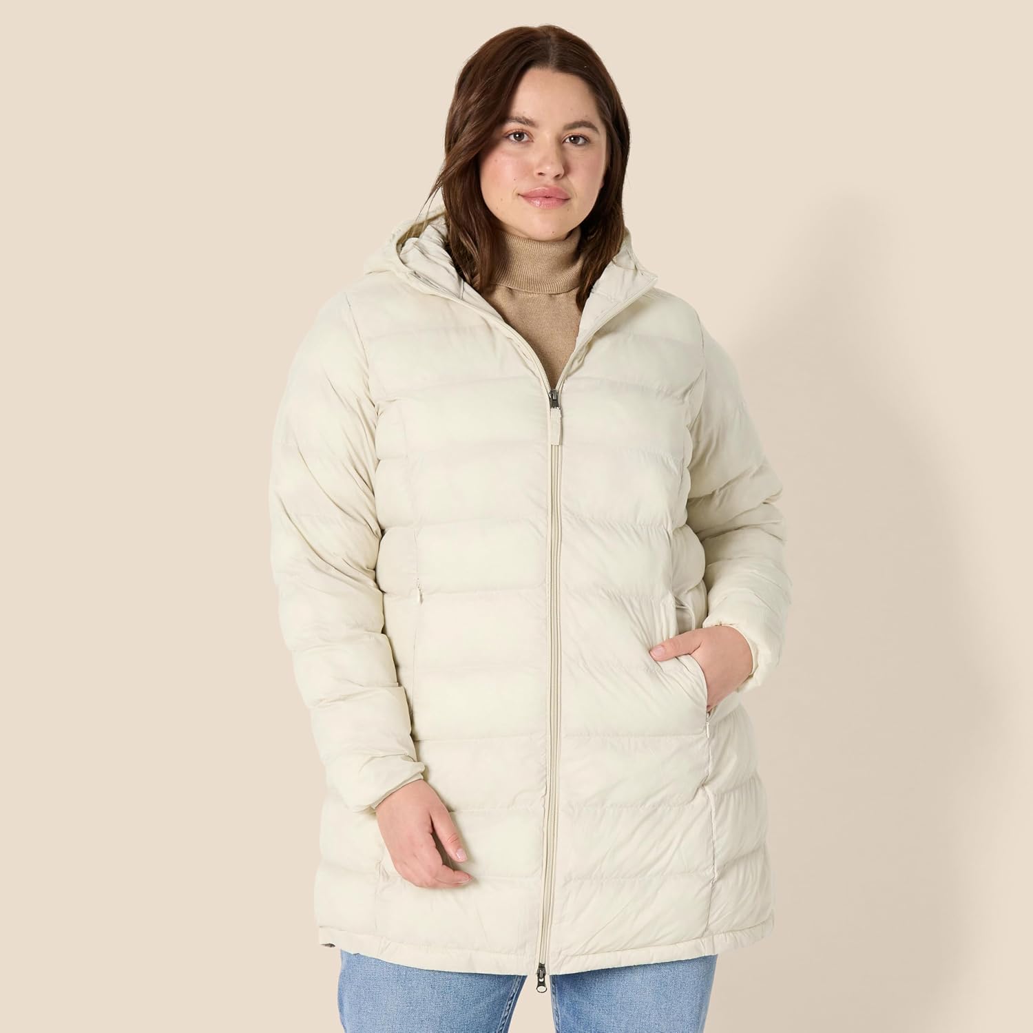 Women's Long Hooded Puffer Coat Lightweight Cream
