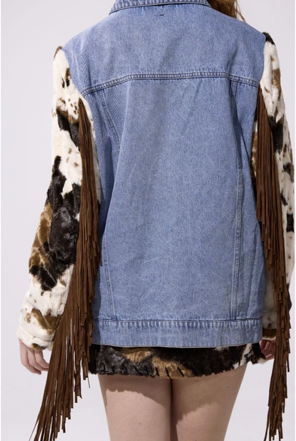 Women's Cow Print Sleeve Fringe Denim Jacket Western