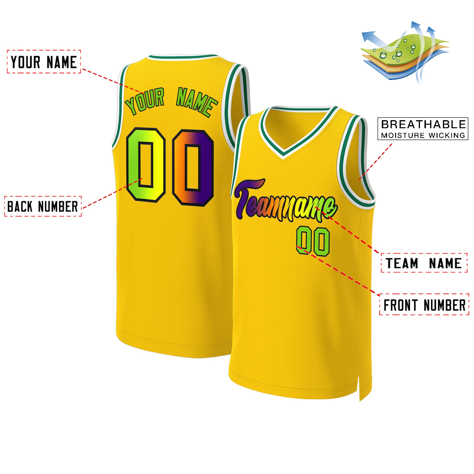 Benutzerdefiniertes Basketballtrikot mit klassischem Farbverlauf und modischen Oberteilen