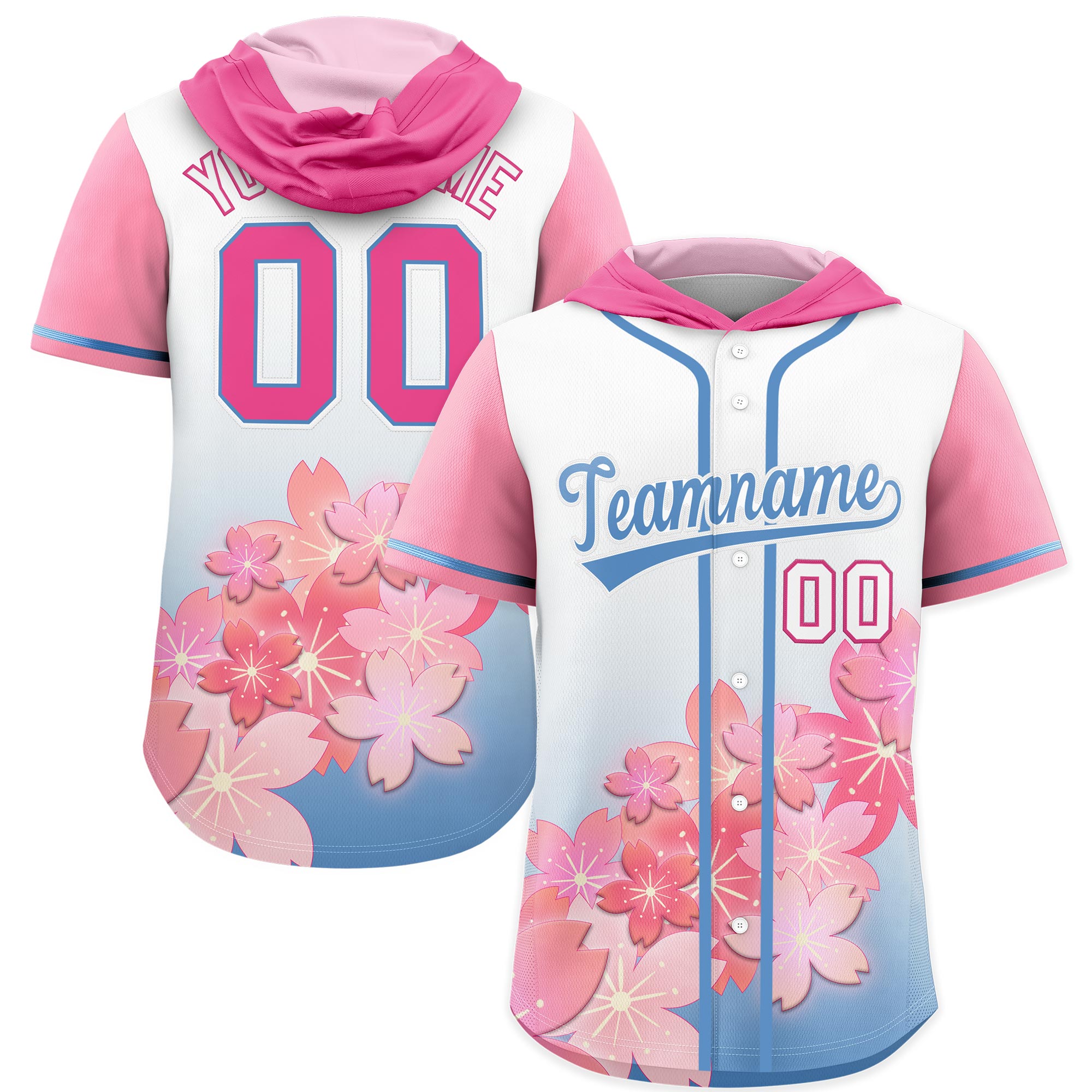 Benutzerdefiniertes Kirschblüten-Raglanärmel-atmungsaktives Baseball-Kapuzentrikot Benutzerdefiniertes Kirschblüten-Raglanärmel-atmungsaktives Baseball-Kapuzentrikot