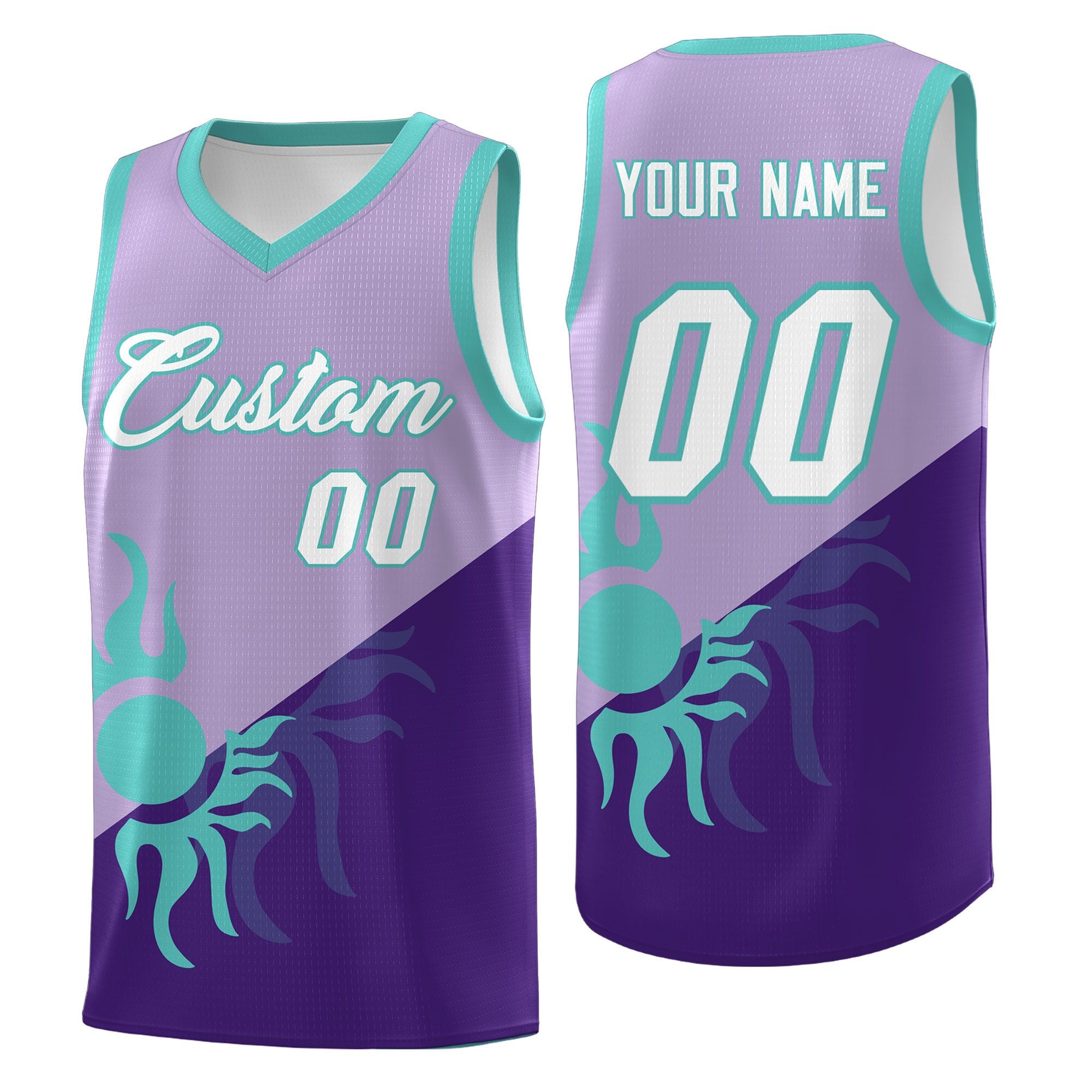 Maßgeschneidertes, zweifarbiges, atmungsaktives, einheitliches Basketballtrikot im Sunburst-Design in Helllila