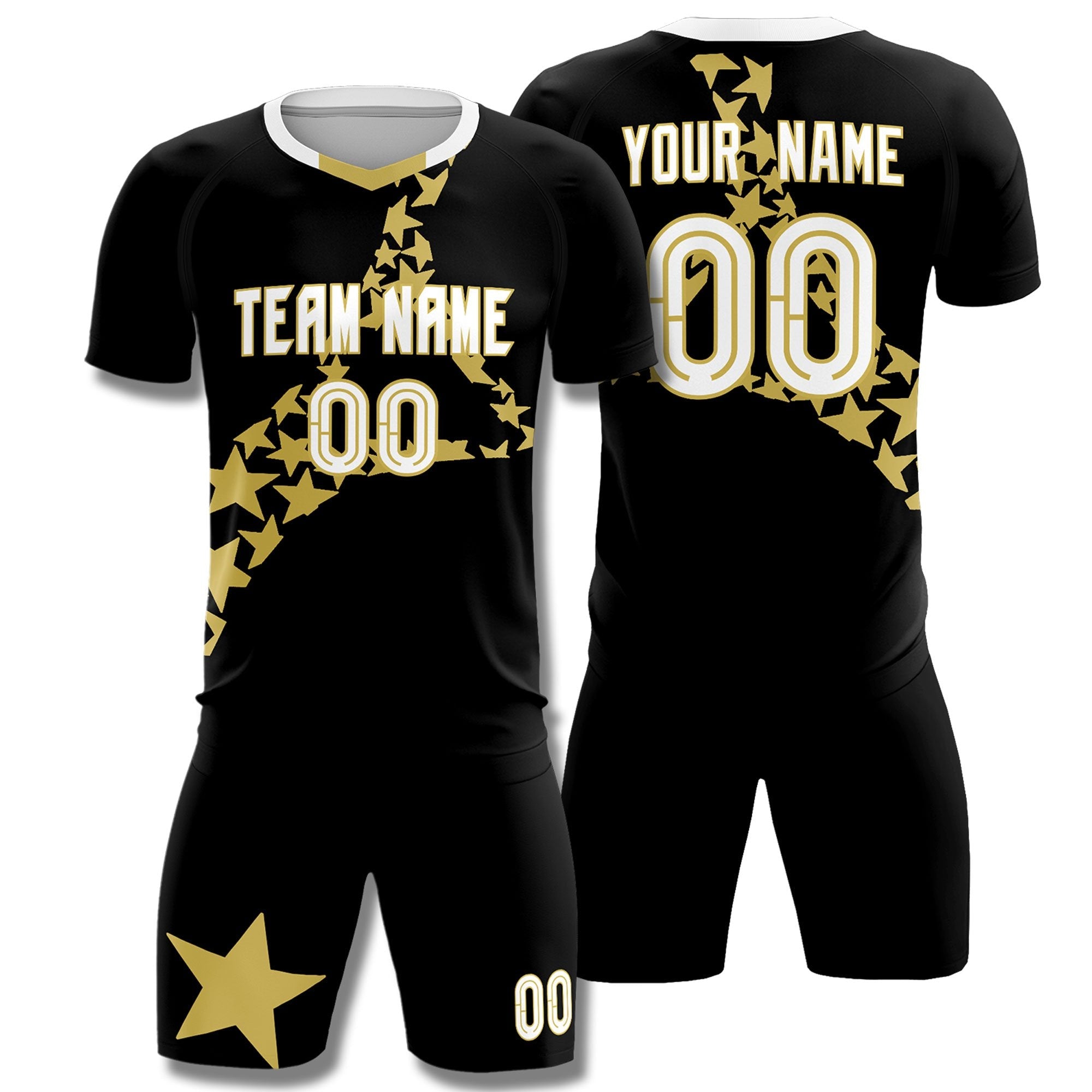 Benutzerdefiniertes, von der Weltmeisterschaft inspiriertes, leichtes Graffiti-Muster-Fußball-Set-Trikot mit schwarzem Old-Gold-America-Star