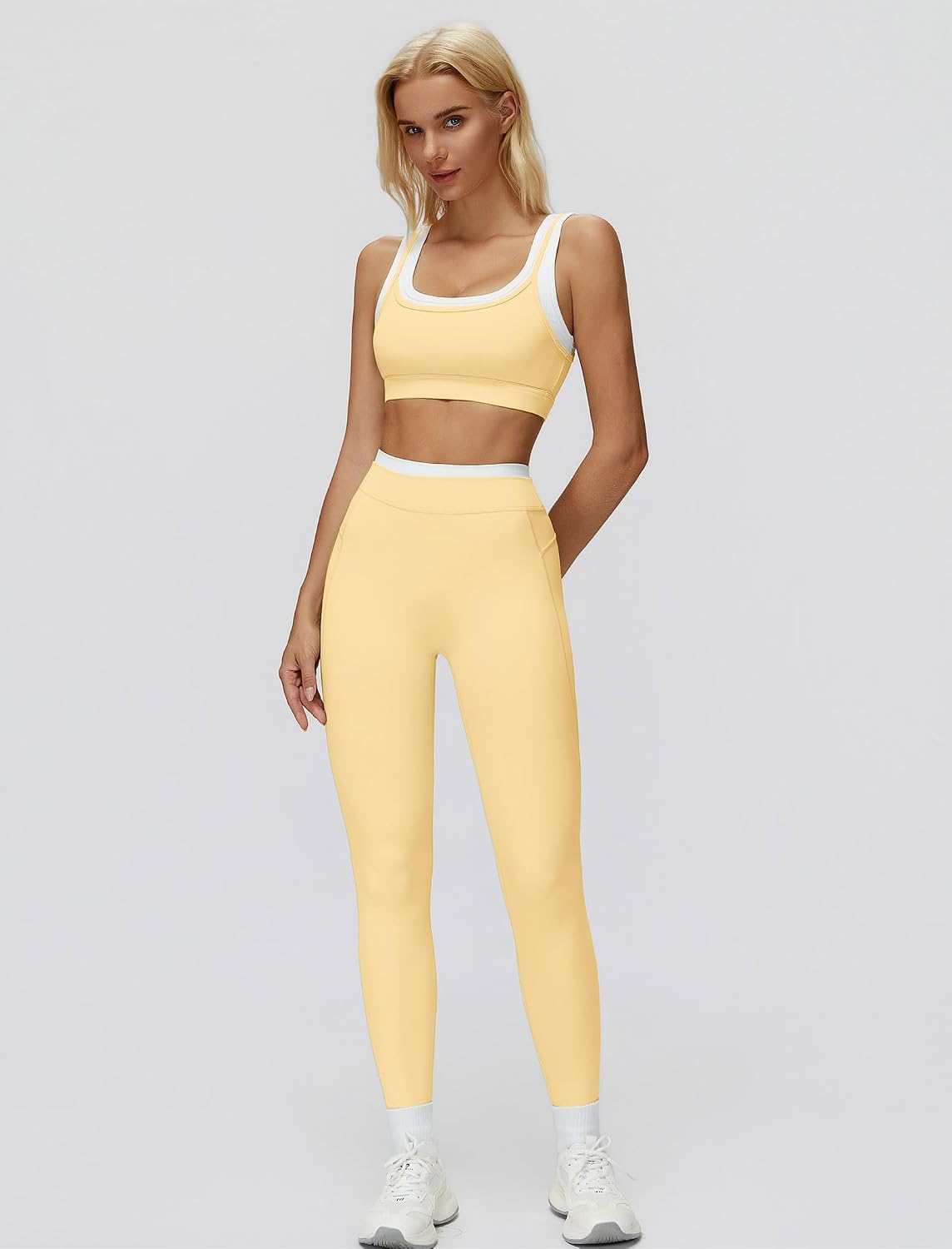 Women's Square Neck Sports Bra Leggings Set Butter Yellow
