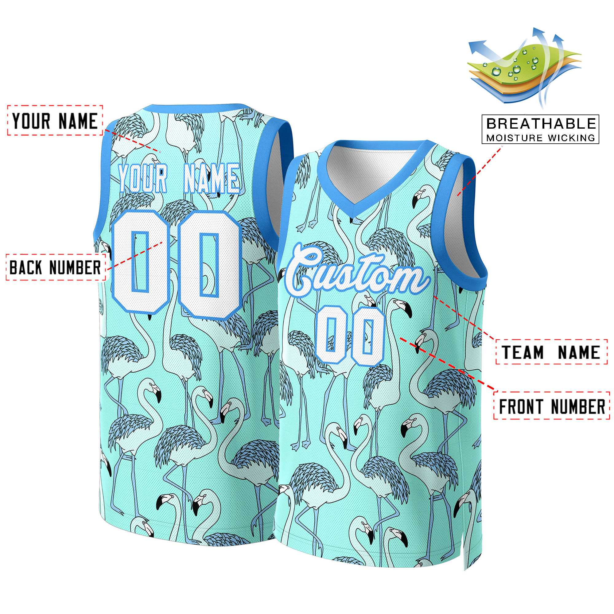 Benutzerdefiniertes Mesh-Basketballtrikot mit Graffiti-Muster in Weiß und Blau