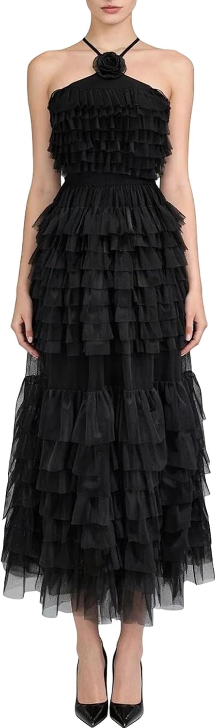 Women's Ruffle Tulle Halter Midi Dress Tiered Black