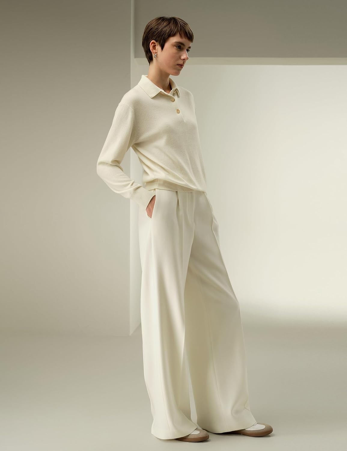 Women's Cream Long Sleeve Knit Polo Sweater