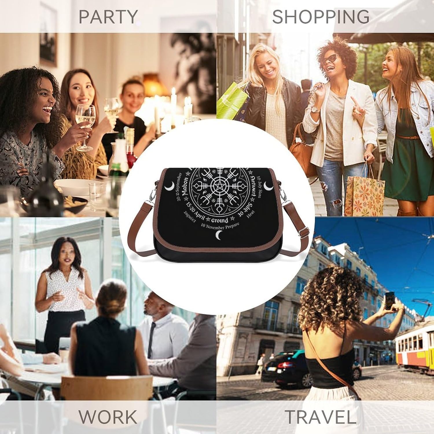 Women's Moon Phase Print Flap Crossbody Shoulder Bag Black Women's Moon Phase Print Flap Crossbody Shoulder Bag Black