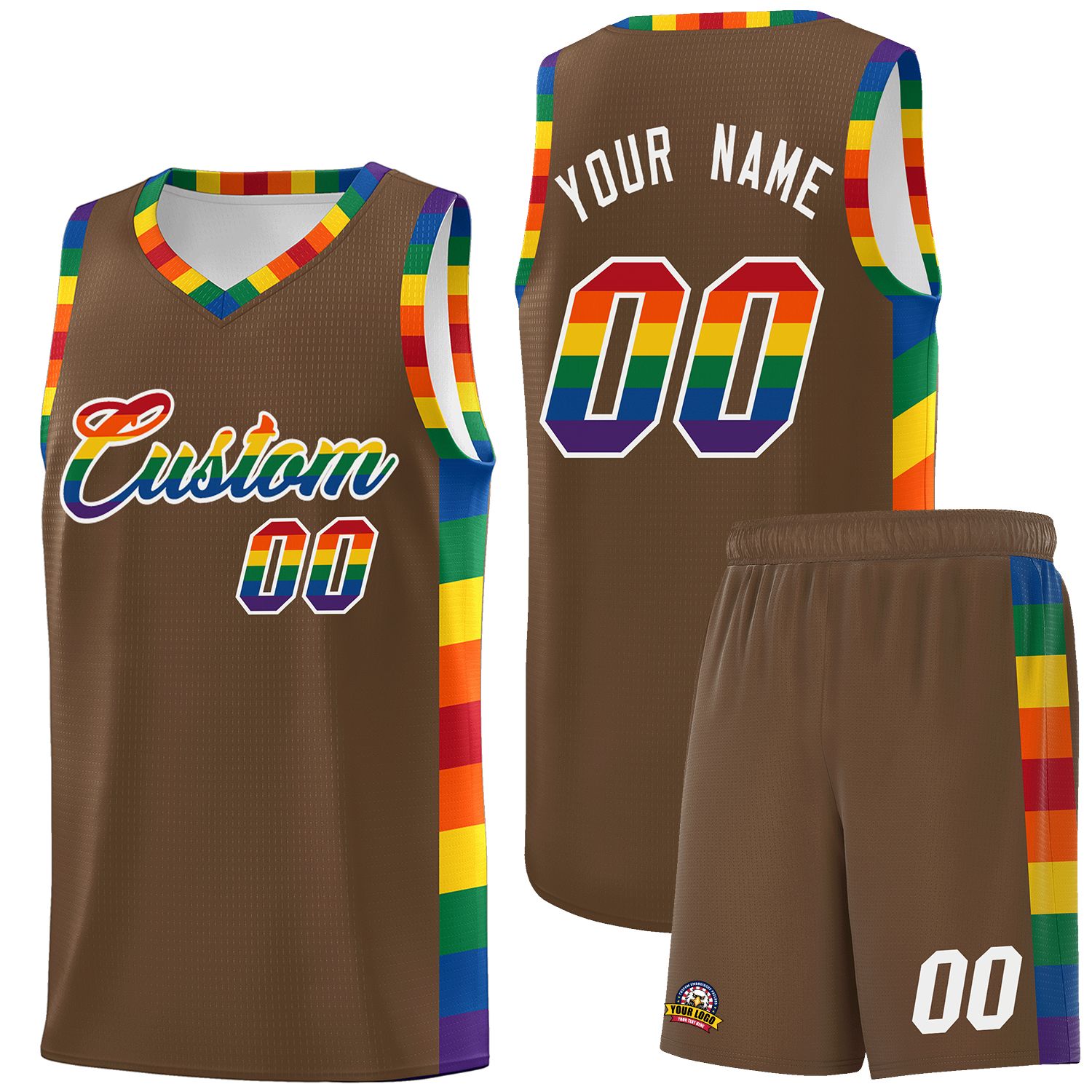 Benutzerdefinierter hellbrauner LGBT-Regenbogen für den Pride Month Sportuniform-Basketballtrikot