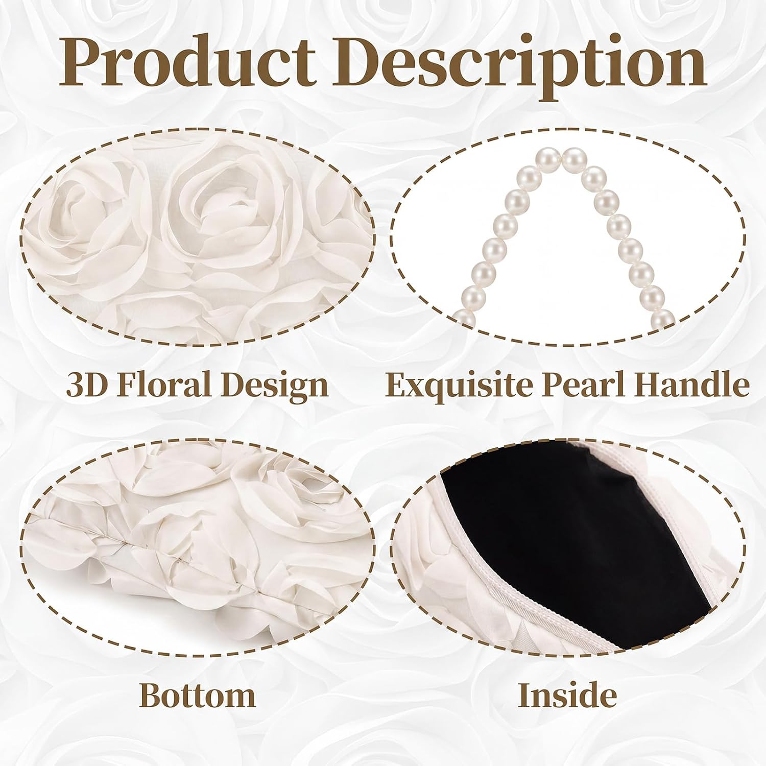 Women's Satin Rosette Clutch with Pearl Handle and Chain