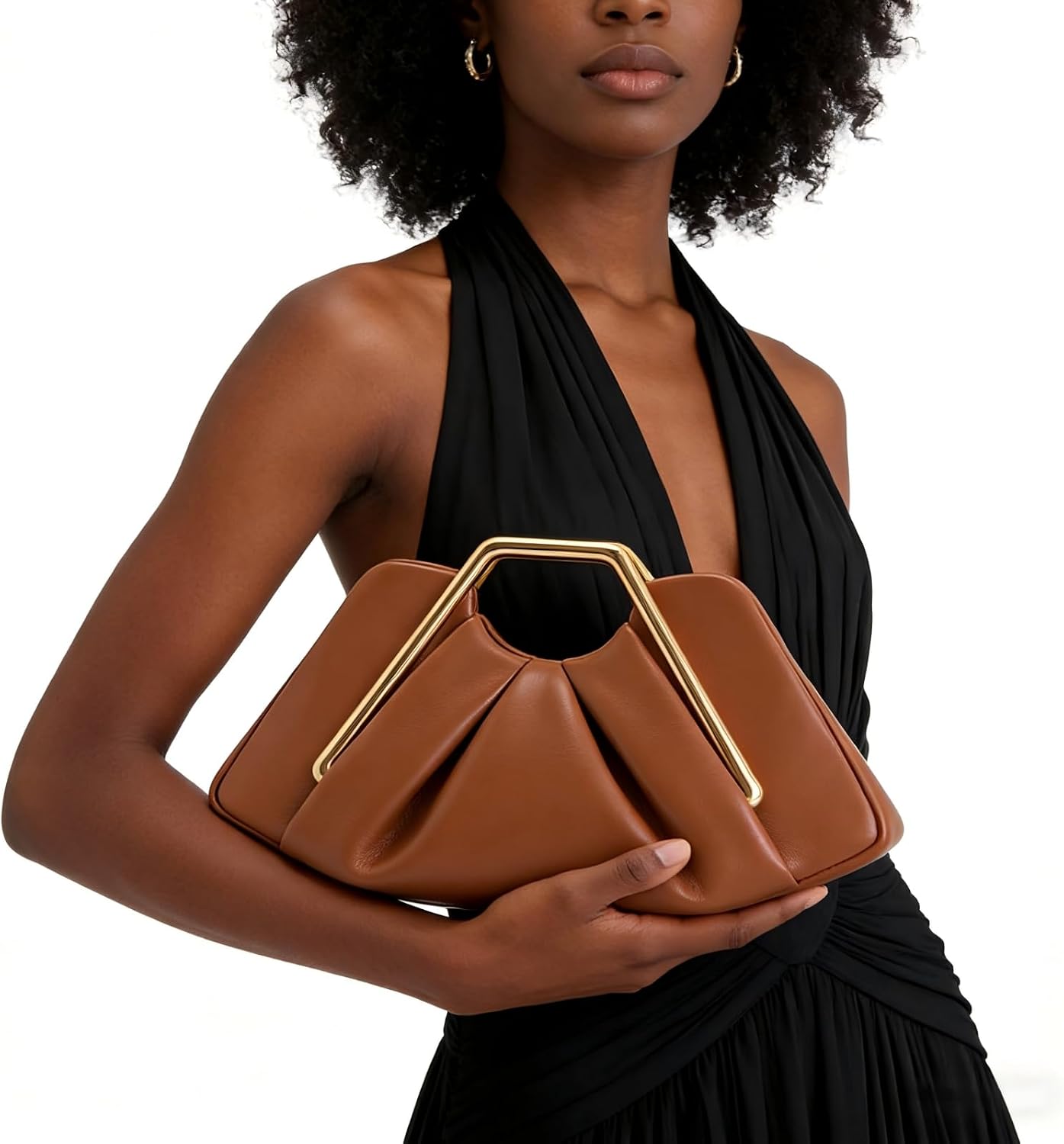 Women's Brown Ruched Dumpling Clutch with Gold Metal Handle