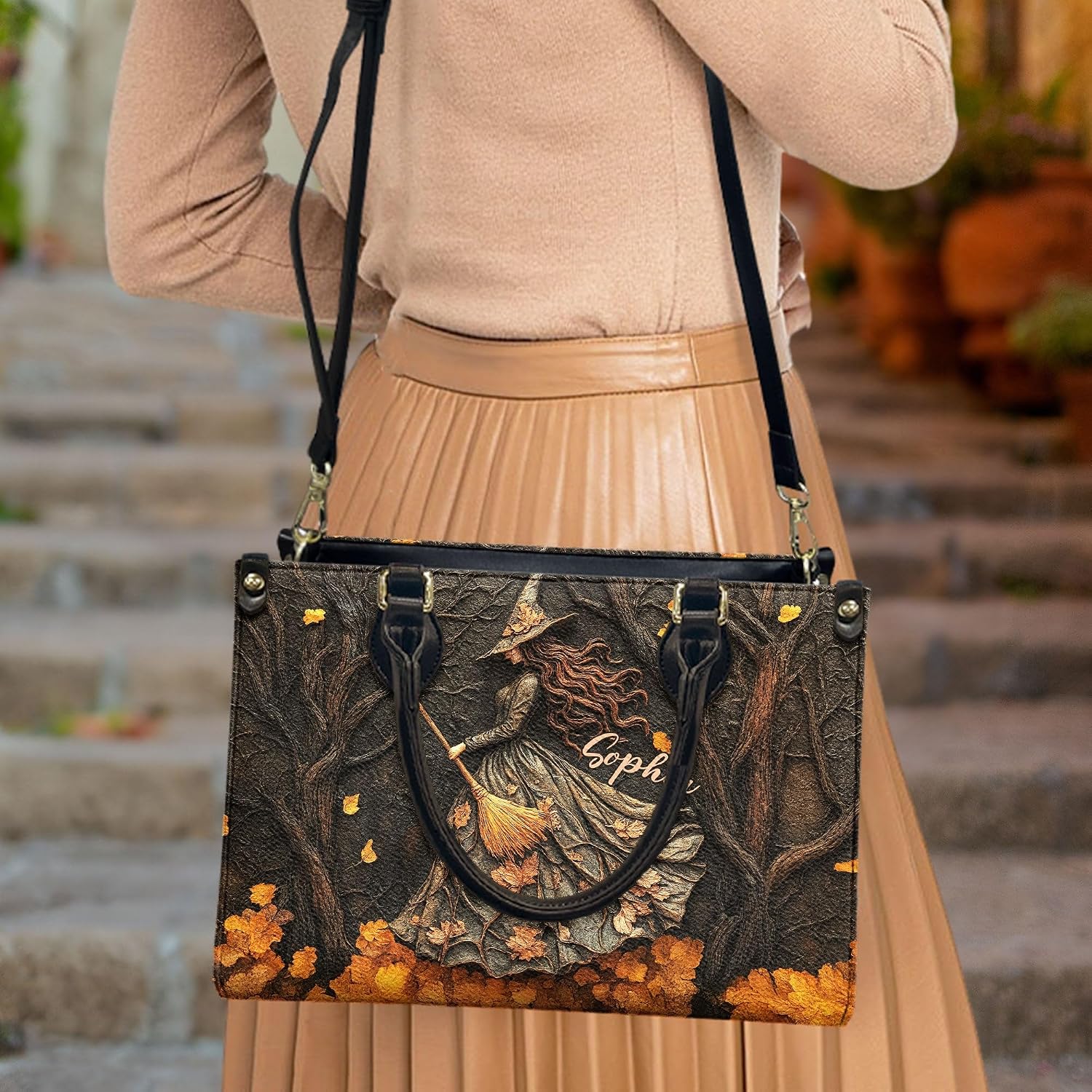 Spooky Witch Art Print - Personalized Leather Bag Custom Gothic Halloween Handbag Aesthetic Purse For Women Teen Girls Crossbody Tote Wiccan Pagan Magick Accessories Spooky Witch Art Print - Personalized Leather Bag Custom Gothic Halloween Handbag Aesthetic Purse For Women Teen Girls Crossbody Tote Wiccan Pagan Magick Accessories