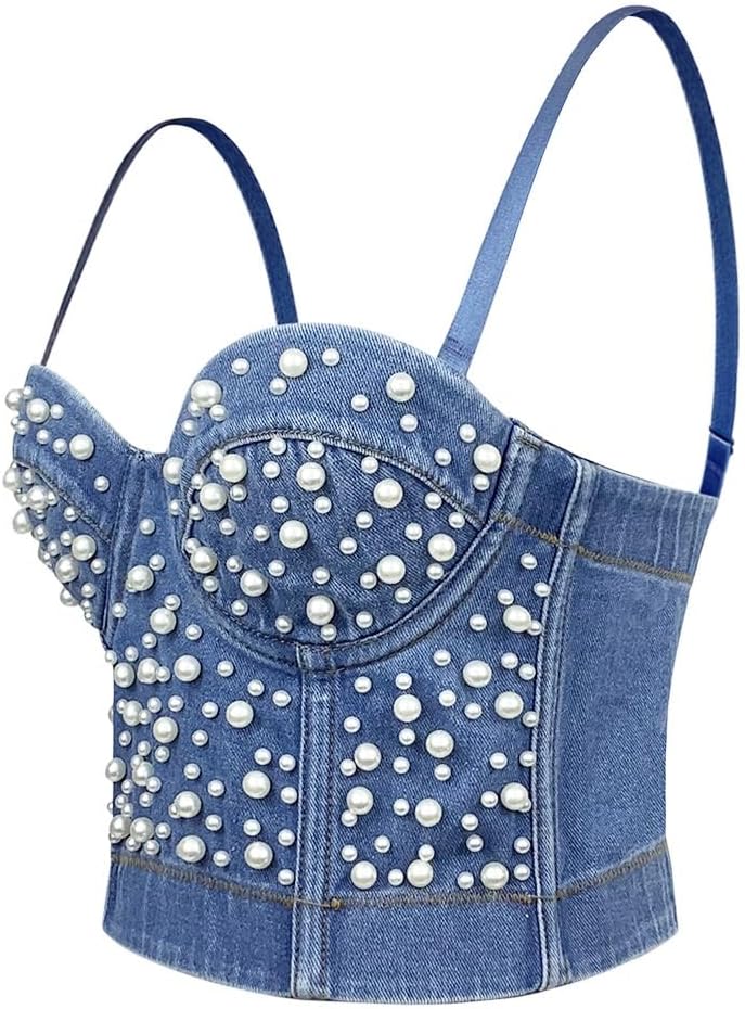 Women's Pearl Beaded Denim Bustier Crop Cami Top