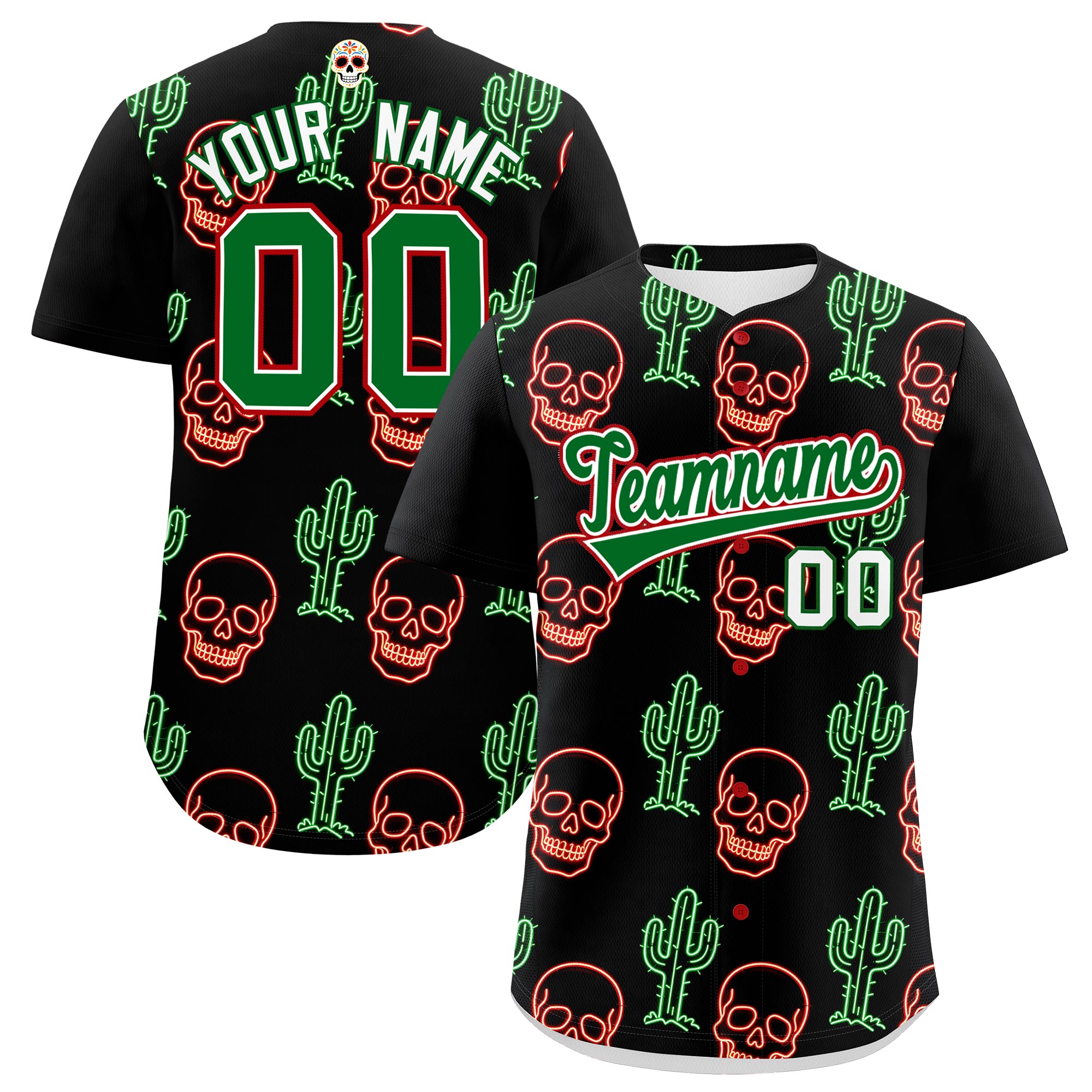 Benutzerdefiniertes Baseball-Trikot aus Stretchstoff mit Graffiti-Muster im mexikanischen Stil Benutzerdefiniertes Baseball-Trikot aus Stretchstoff mit Graffiti-Muster im mexikanischen Stil