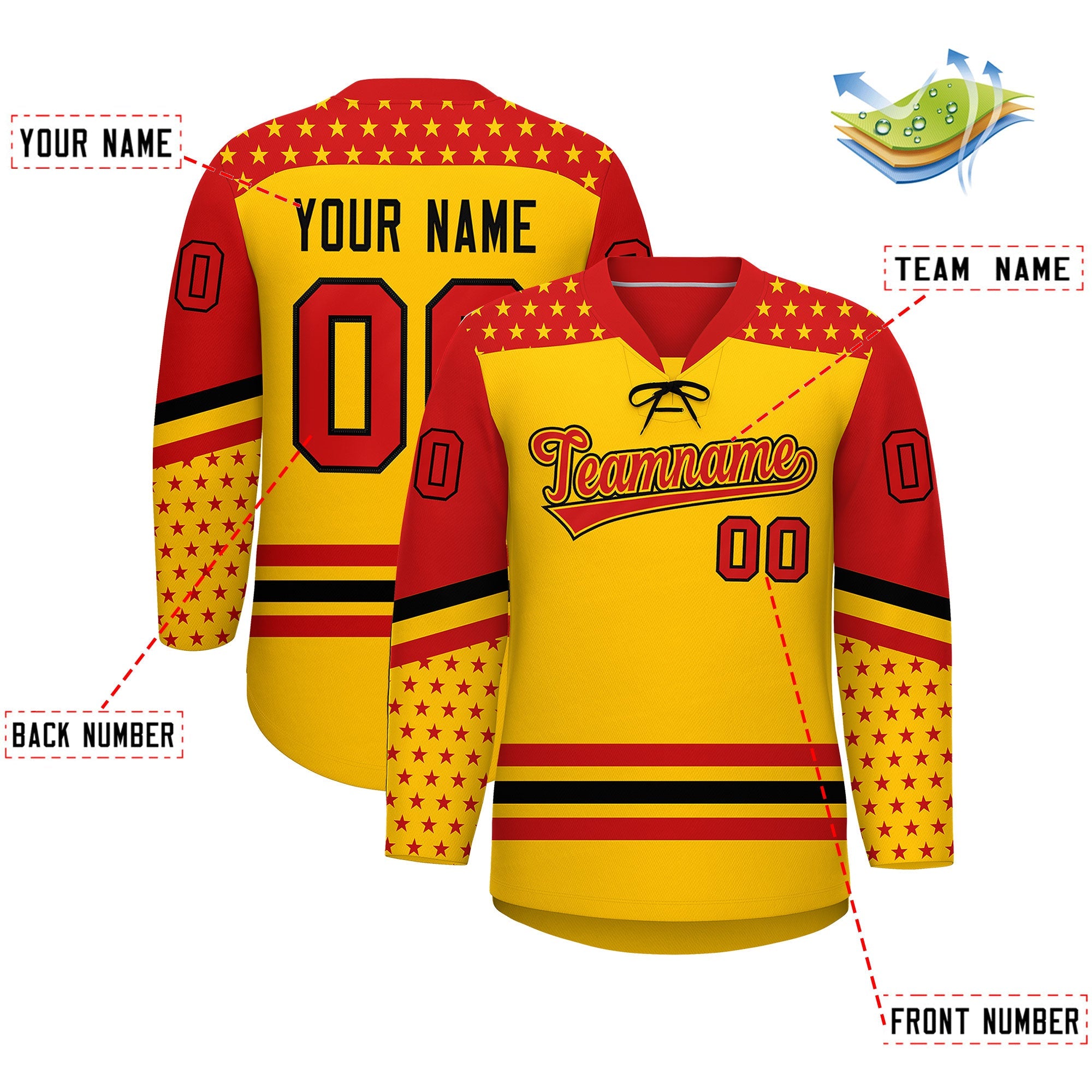 Custom Gold Red Black Star Series Personalization Lace-Up Neck Hockey Jersey