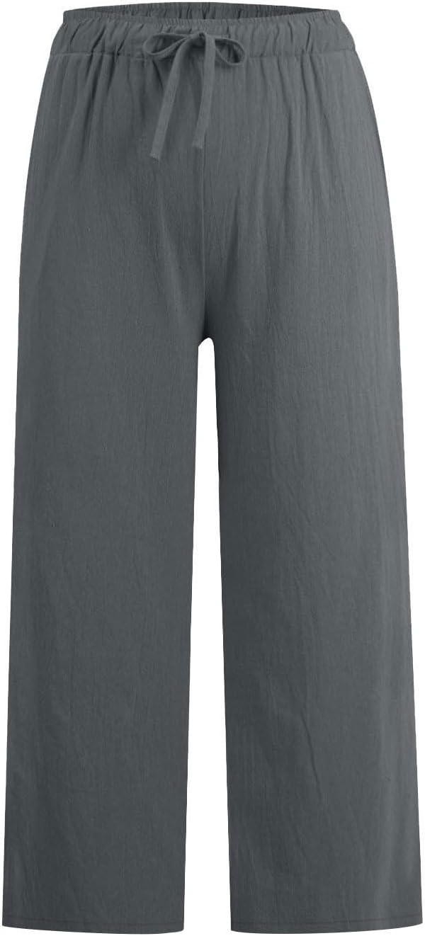 Cropped Linen Pants Women Casual High Waisted Wide Leg Lounge Pant Lightweight Cotton Capris with Pockets