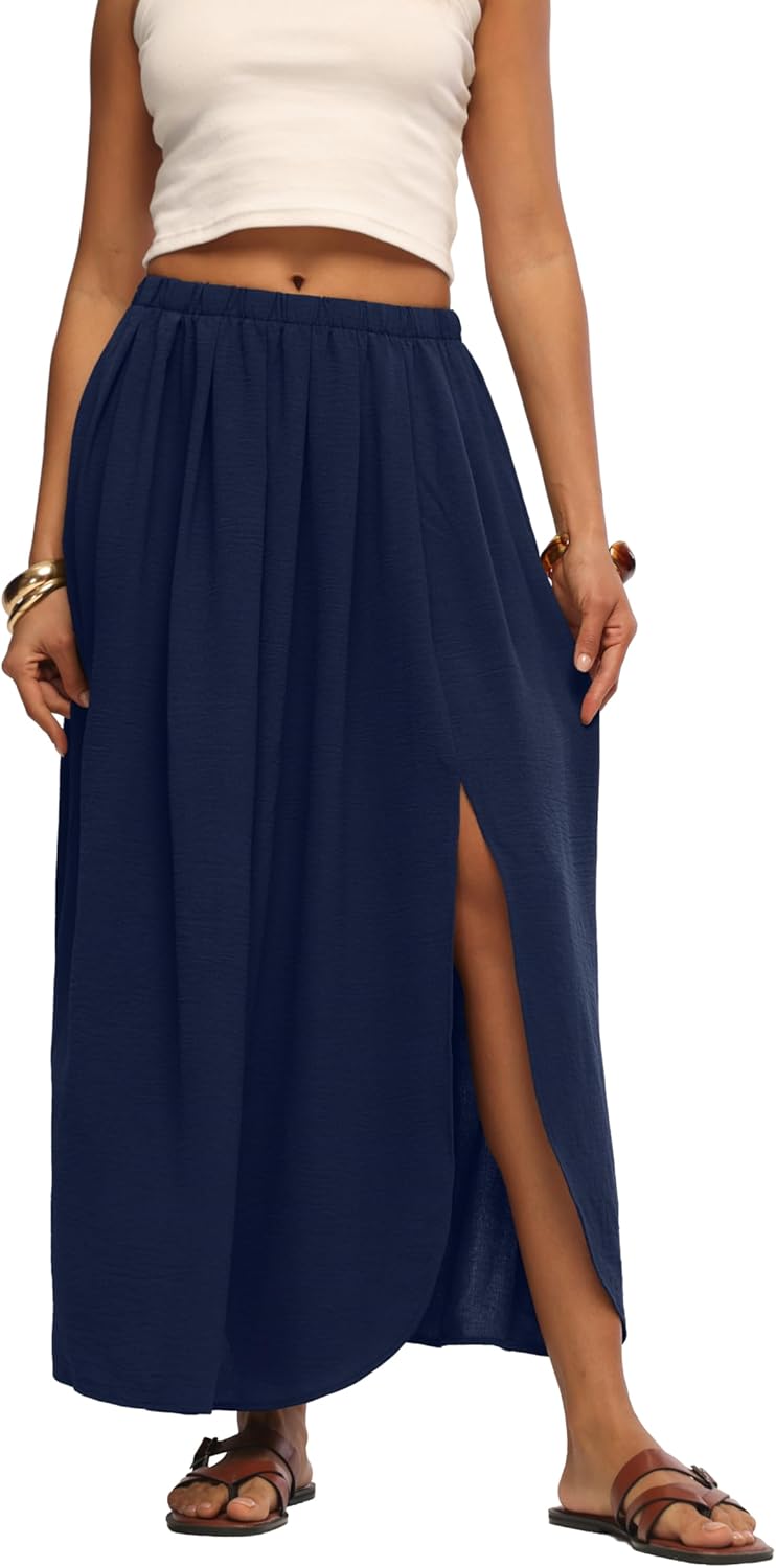 Womens Maxi Skirts High Waisted Flowy A Line Weekend Skirt with Side Slit for Spring Summer