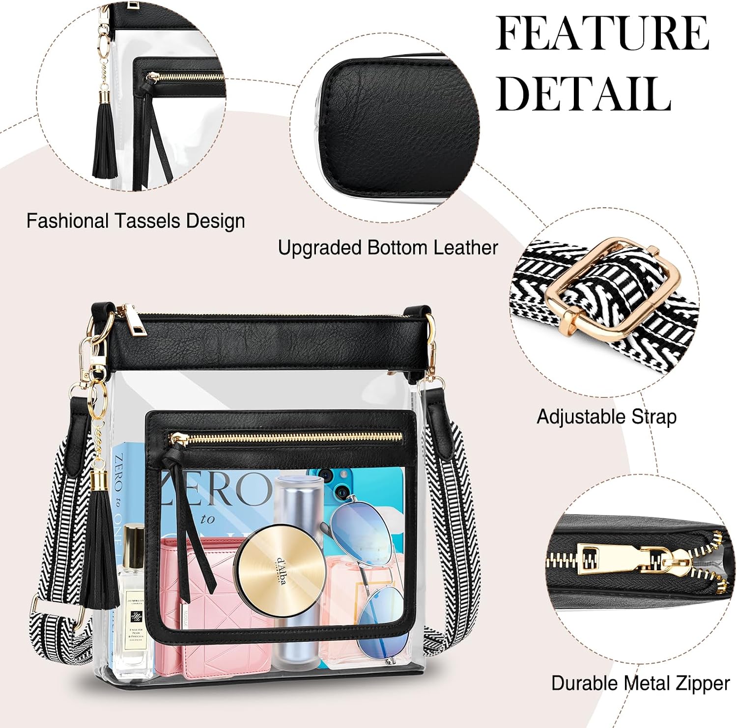 Women's Clear PVC Stadium Crossbody Bag Black Trim