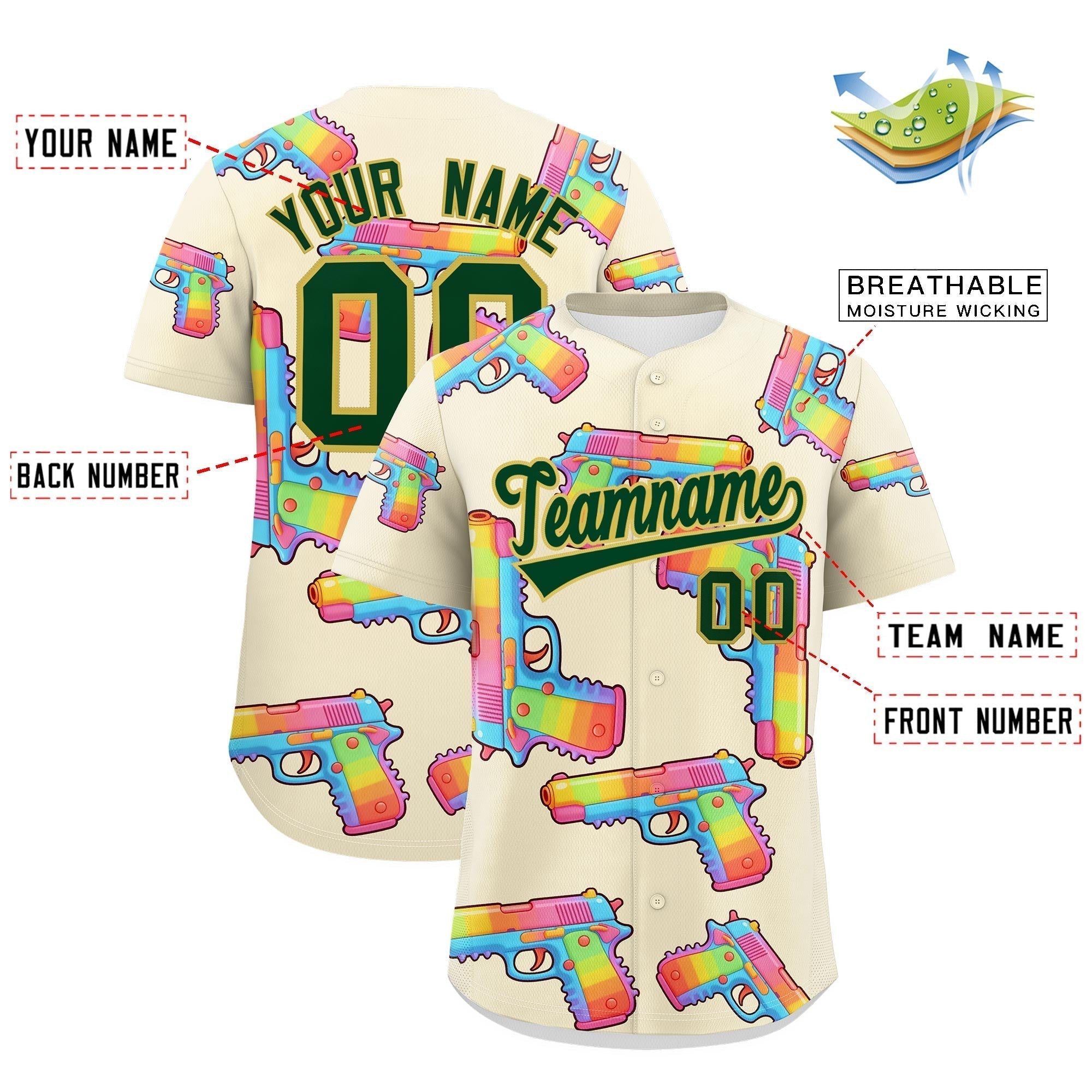 Benutzerdefiniertes, cremefarbenes, dunkelgrünes, mit Zucker überzogenes, schnell trocknendes Baseball-Trikot mit Feuerkraft-Graffiti-Muster