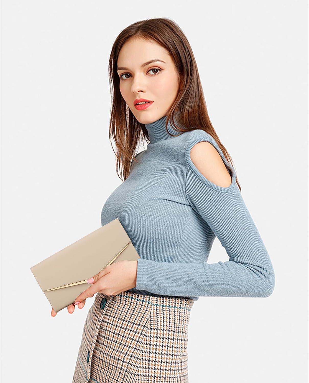 Women's Beige Envelope Clutch with Gold Trim and Chain