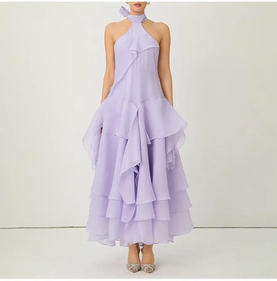 Women's Halter Tiered Maxi Dress Sleeveless Ruffle Lavender
