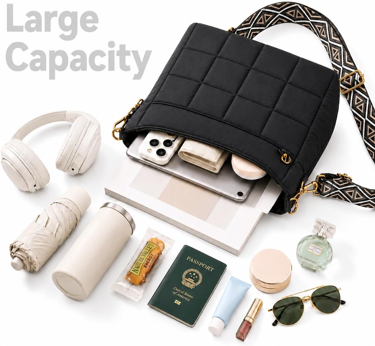 Women's Quilted Puffer Crossbody Bag Wide Guitar Strap Black