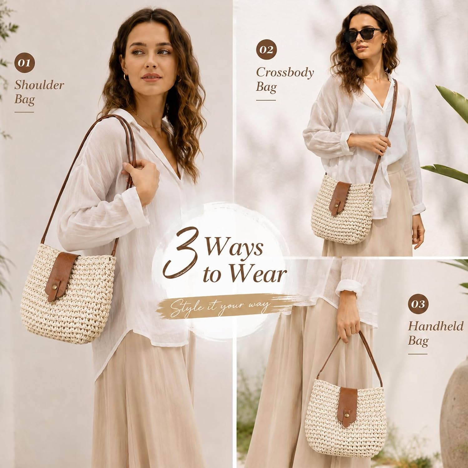 Women's Handwoven Straw Crossbody Bag with Brown Trim Women's Handwoven Straw Crossbody Bag with Brown Trim