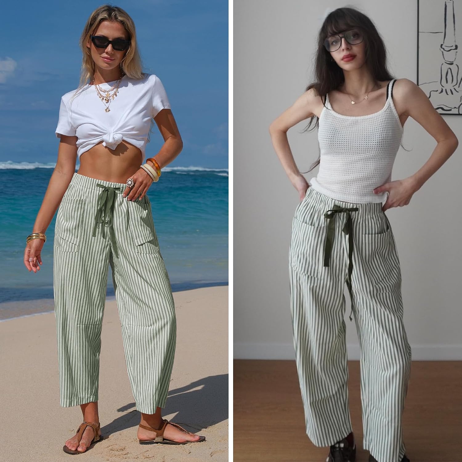 Womens Faux Linen Striped Barrel Capri Pants Drawstring Trousers Wide Leg Elastic Waist Deep Pockets Lightweight Beach Vacation Outfits Lounge Summer