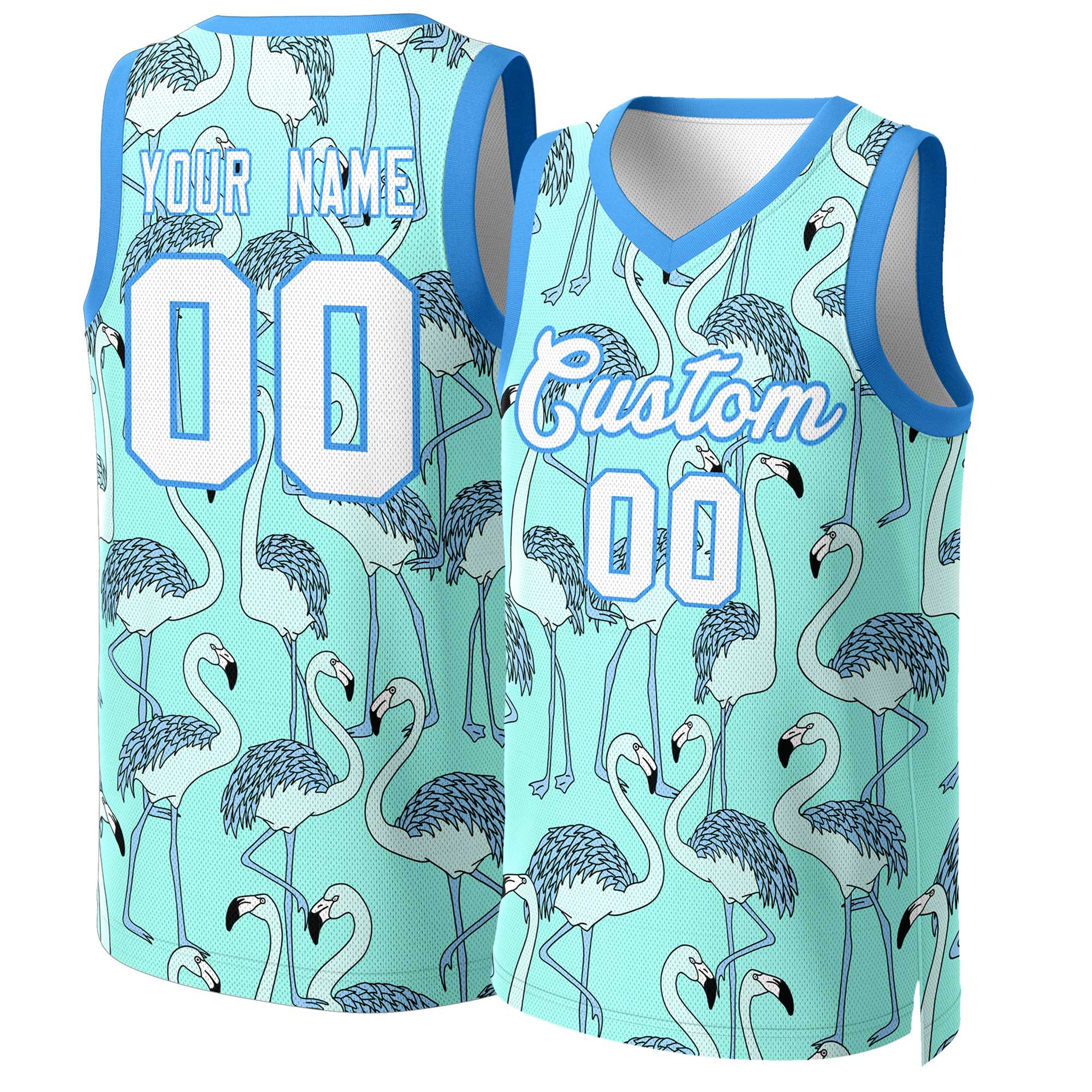 Benutzerdefiniertes Mesh-Basketballtrikot mit Graffiti-Muster in Weiß und Blau