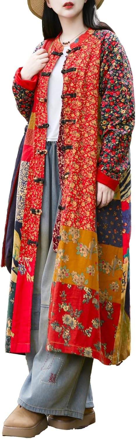 Women\u2018s Patchwork Trench Coat - Floral Cotton Linen Long Jacket Cottagecore Bohemian Outerwear