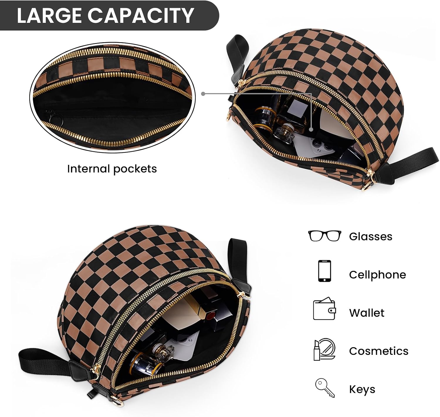 Women's Checkered Nylon Crossbody Bum Bag with Wide Strap